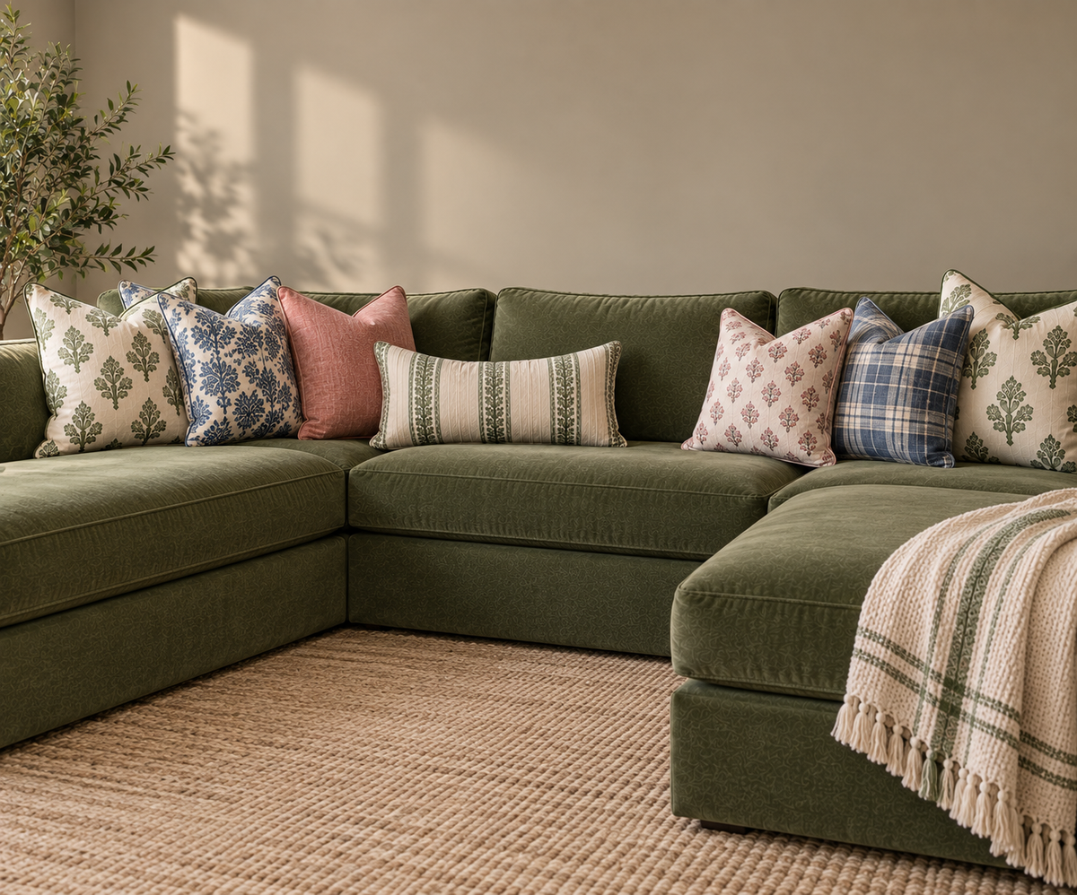 Olive green L-shaped sectional styled with layered patterned throw pillows against a warm beige wall