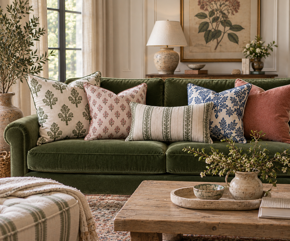 Olive green sofa styled with botanical, floral, blue-and-white, and striped throw pillows in a warm traditional living room