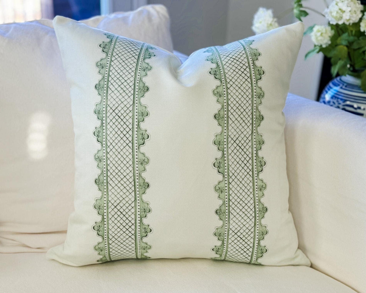 Danika Herrick Clarabelle Green Lattice Stripe Pillow Cover - Grandmillennial Decor