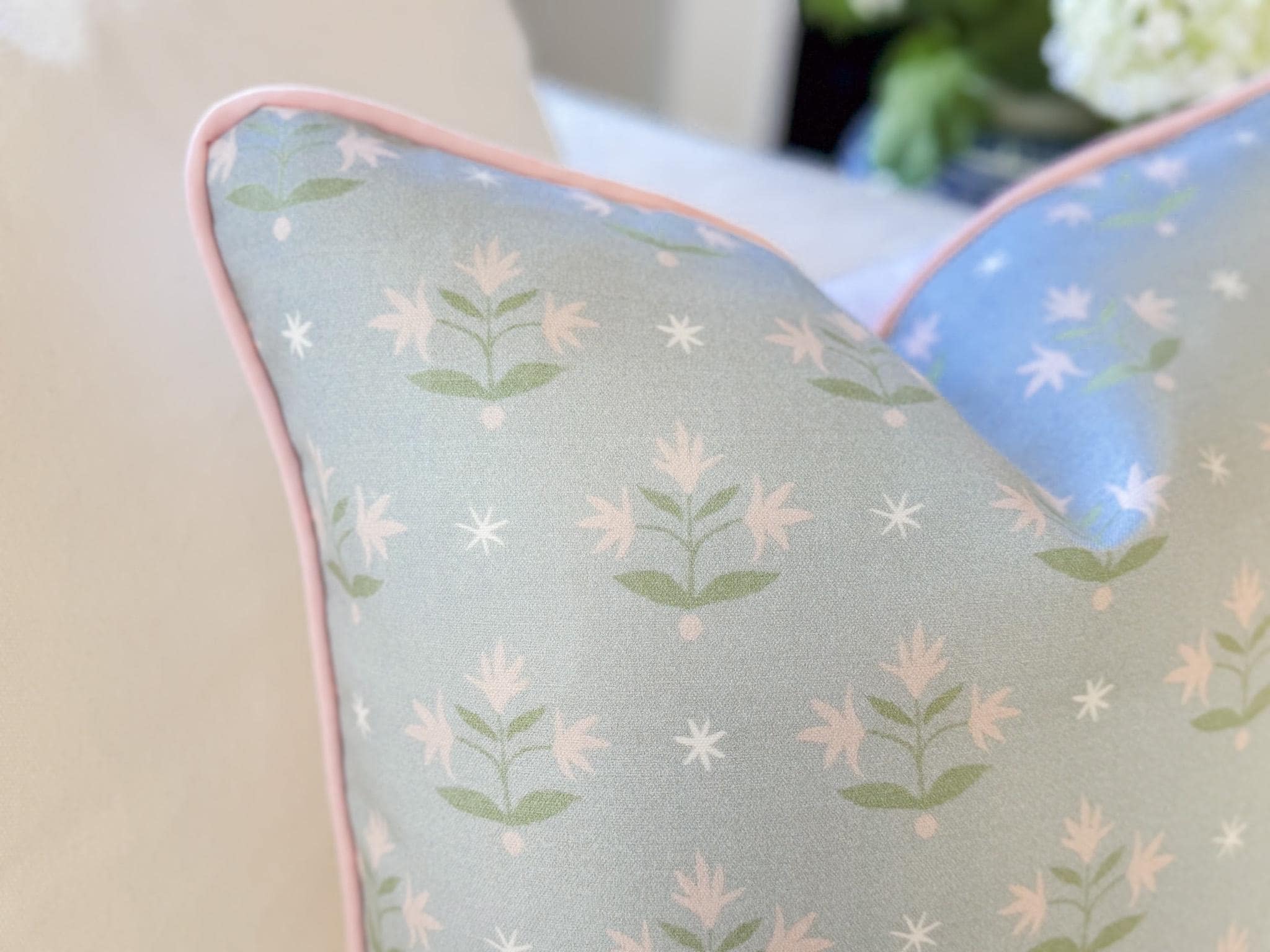 Danika Herrick Thistle Blue Floral Block Print Pillow Cover - Grandmillenial Decor
