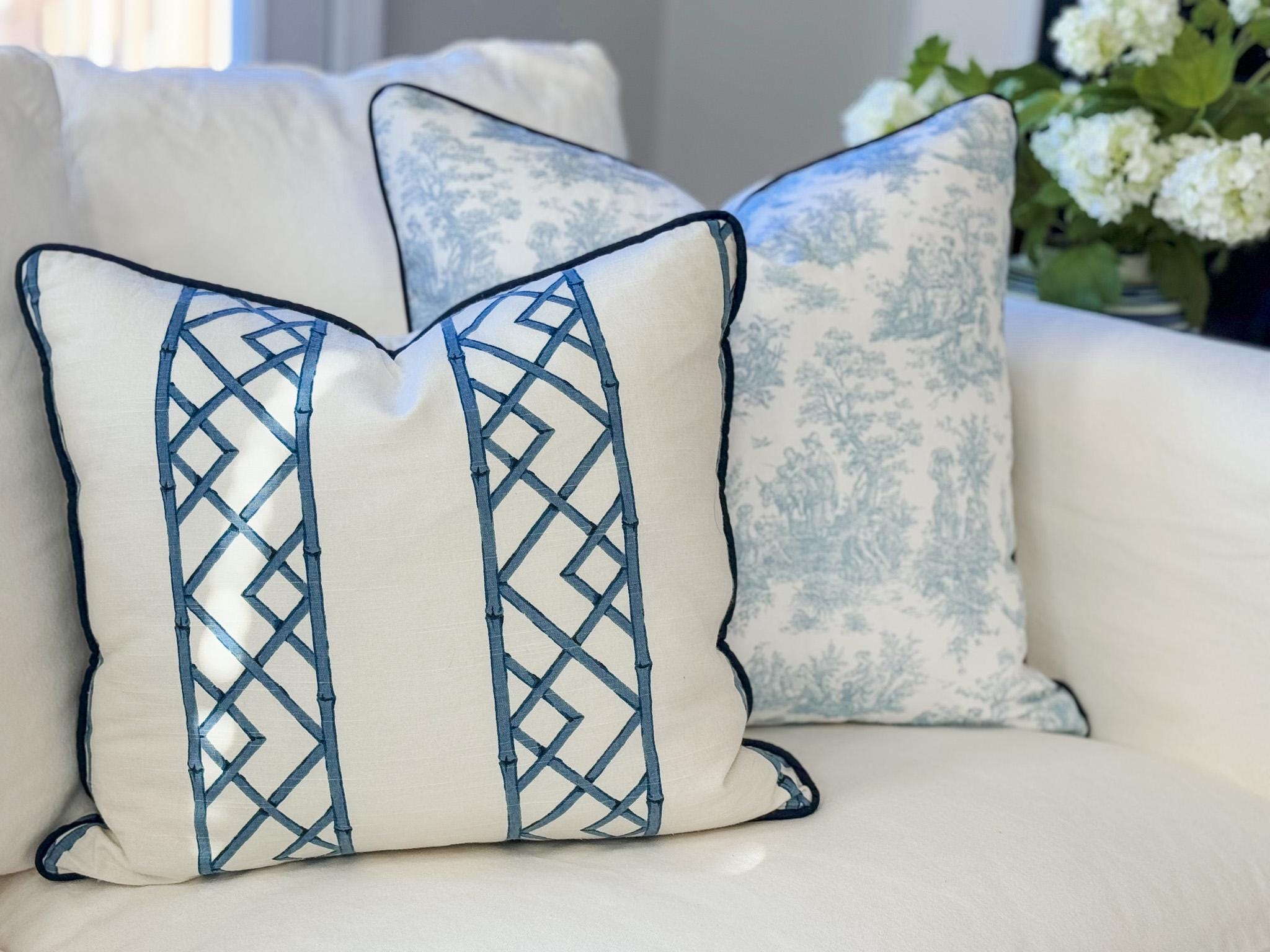 Ballard Reva Blue Bamboo Lattice Pillow Cover - Chinoiserie Grandmillenial Decor