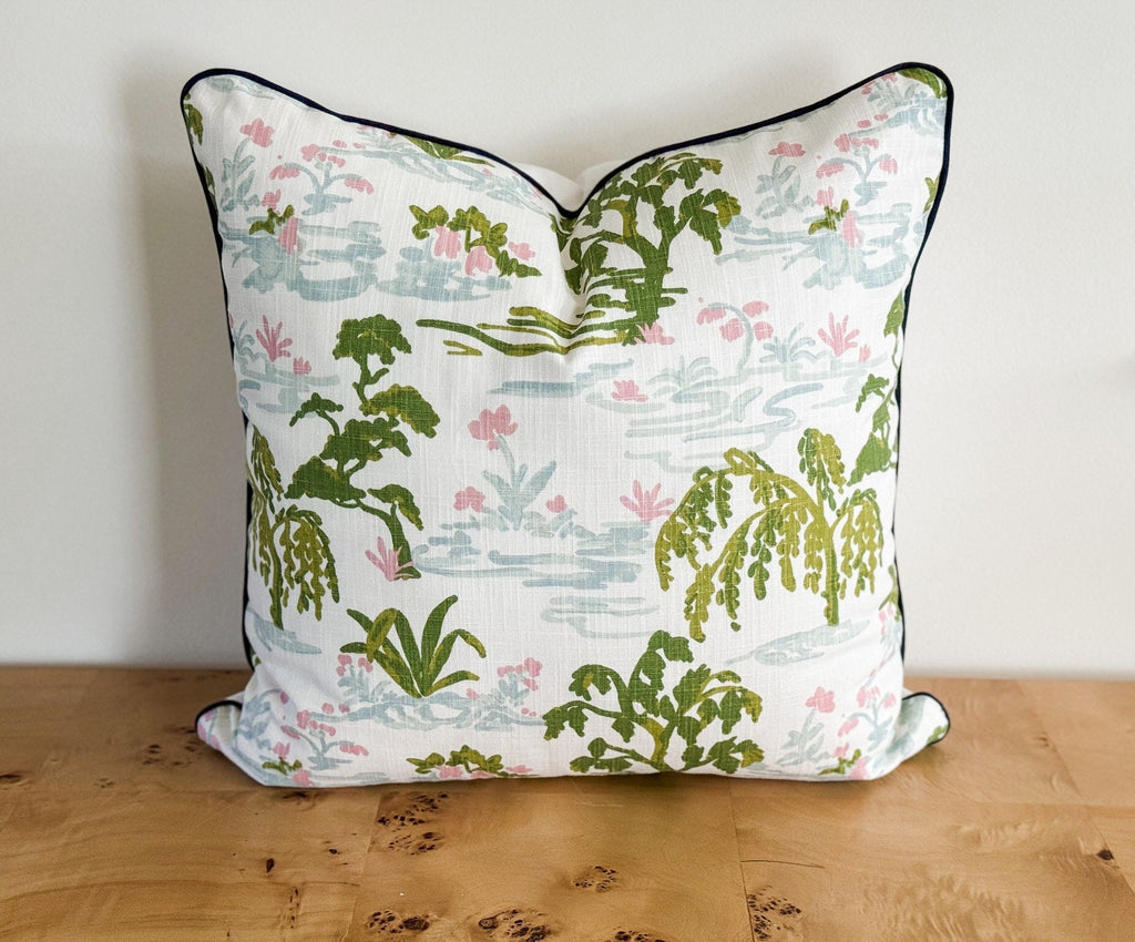 Pink & Green Toile Pillow Cover - Grandmillennial Chinoiserie Decor