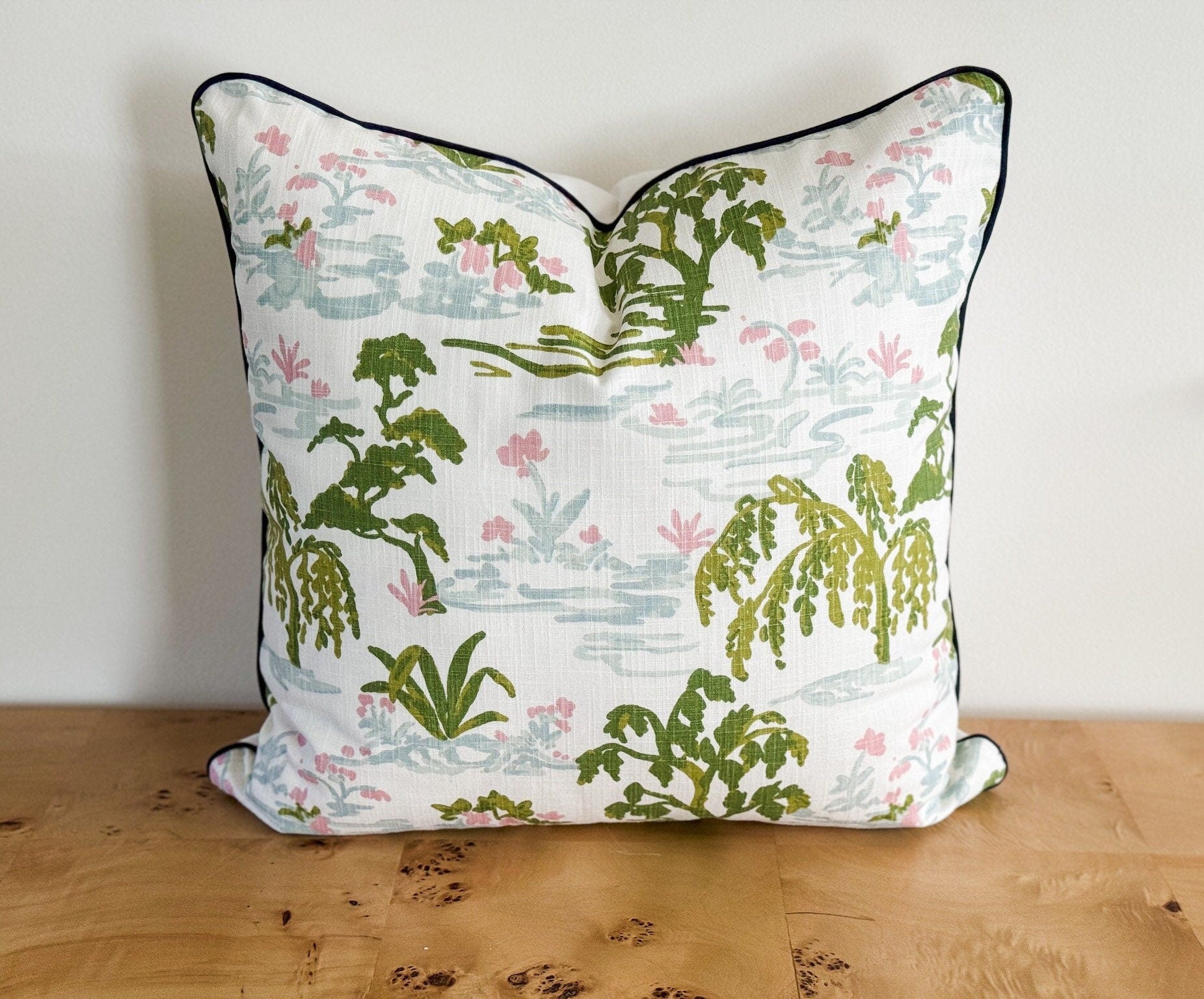Pink & Green Toile Pillow Cover - Grandmillennial Chinoiserie Decor