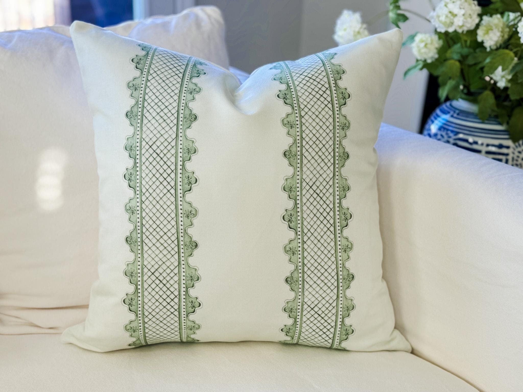 Danika Herrick Clarabelle Green Lattice Stripe Pillow Cover - Grandmillennial Decor