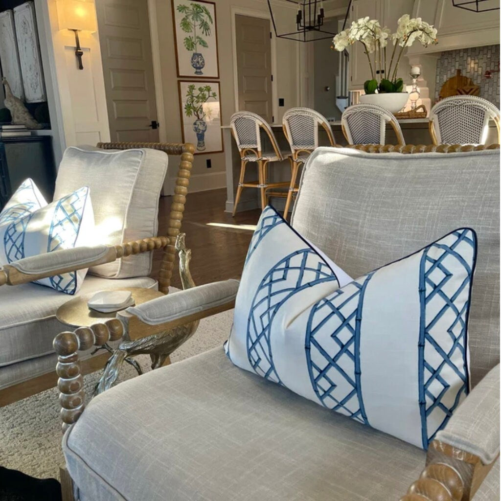 Ballard Reva Blue Bamboo Lattice Pillow Cover - Chinoiserie Grandmillenial Decor