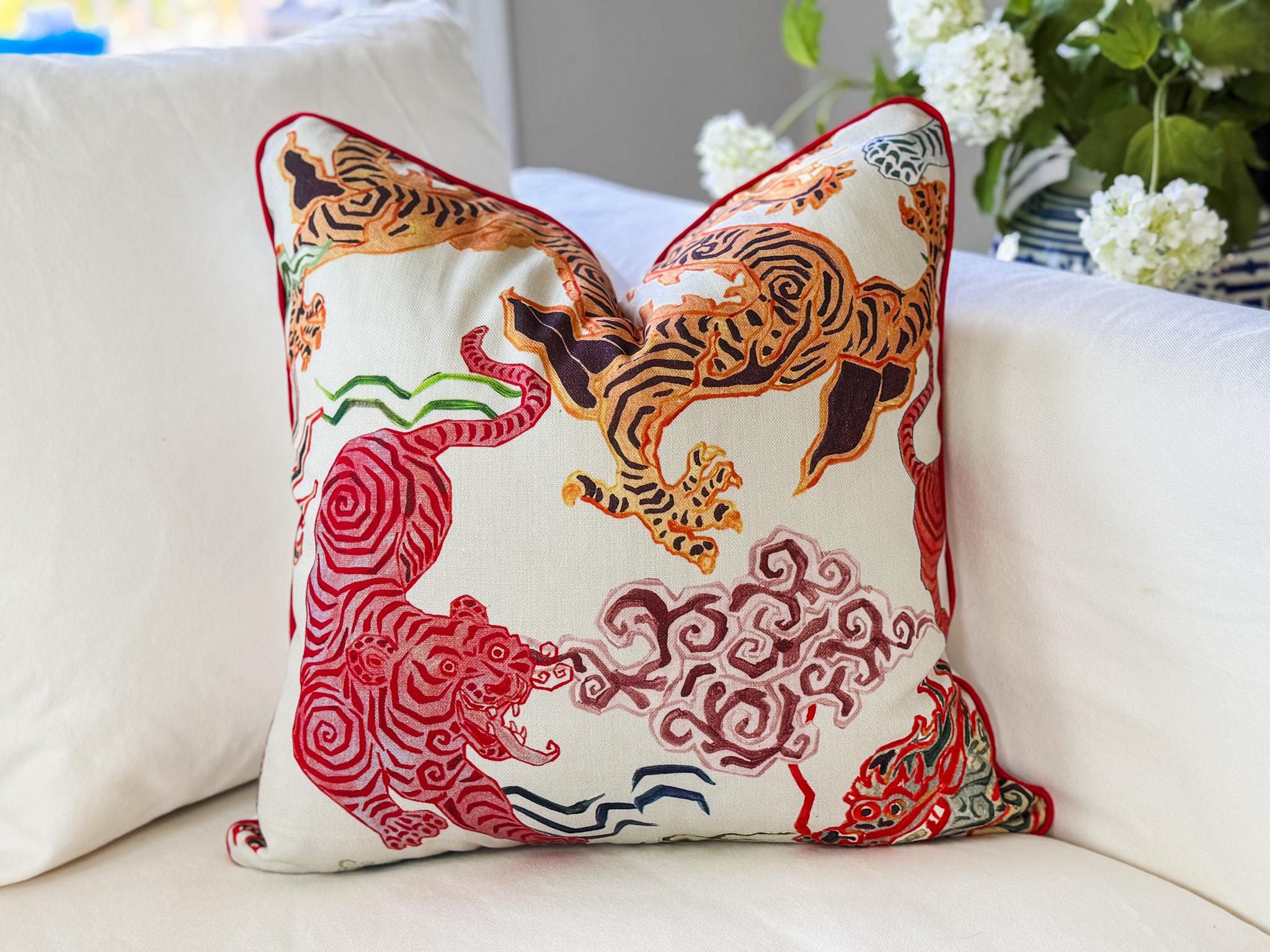 Hamilton Himalaya Tigers Dragon Pillow Cover in Natural - Grandmillennial Chinoiserie Decor