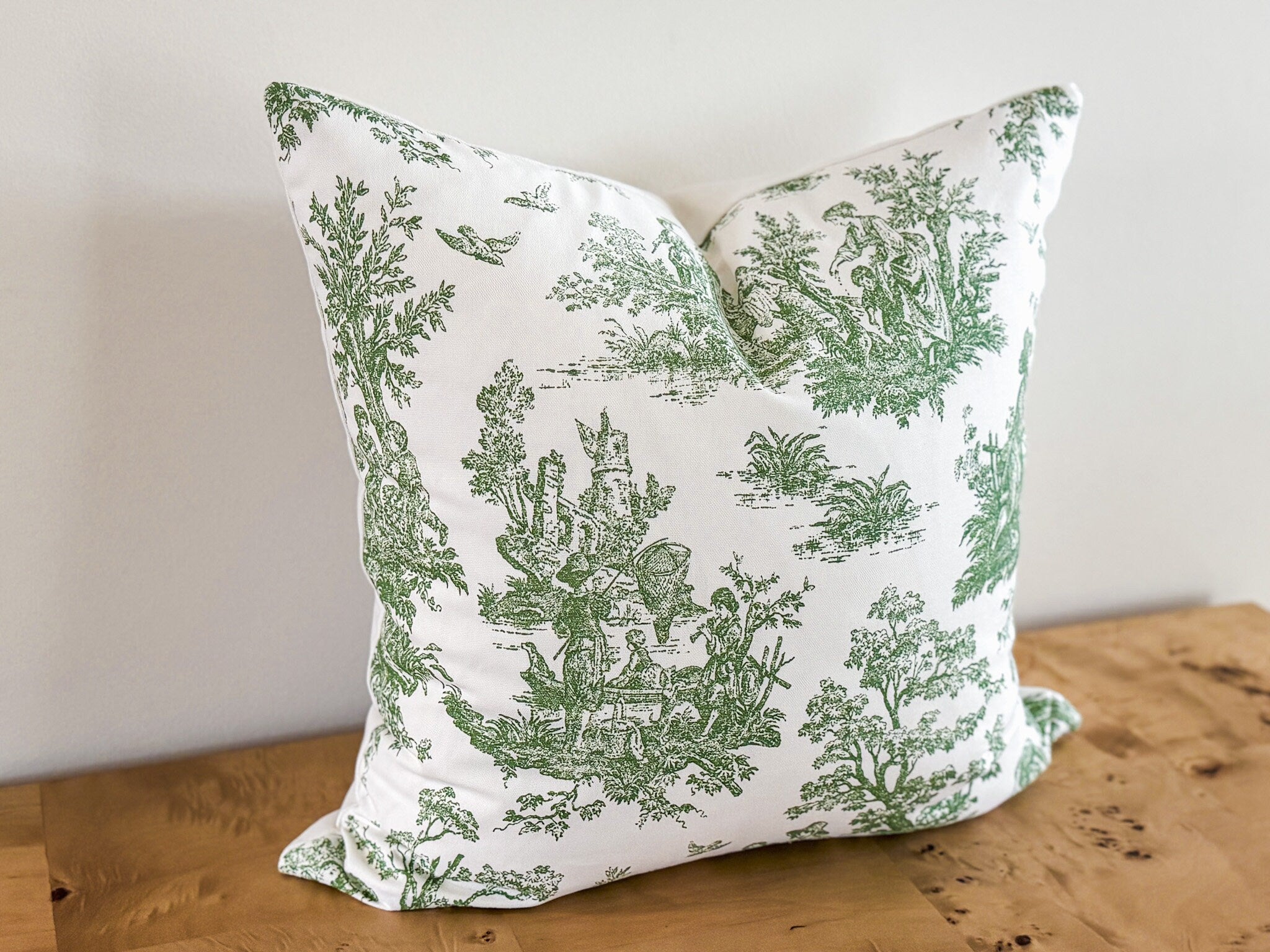 Green Toile Pillow Cover - Cottagecore Farmhouse Decor