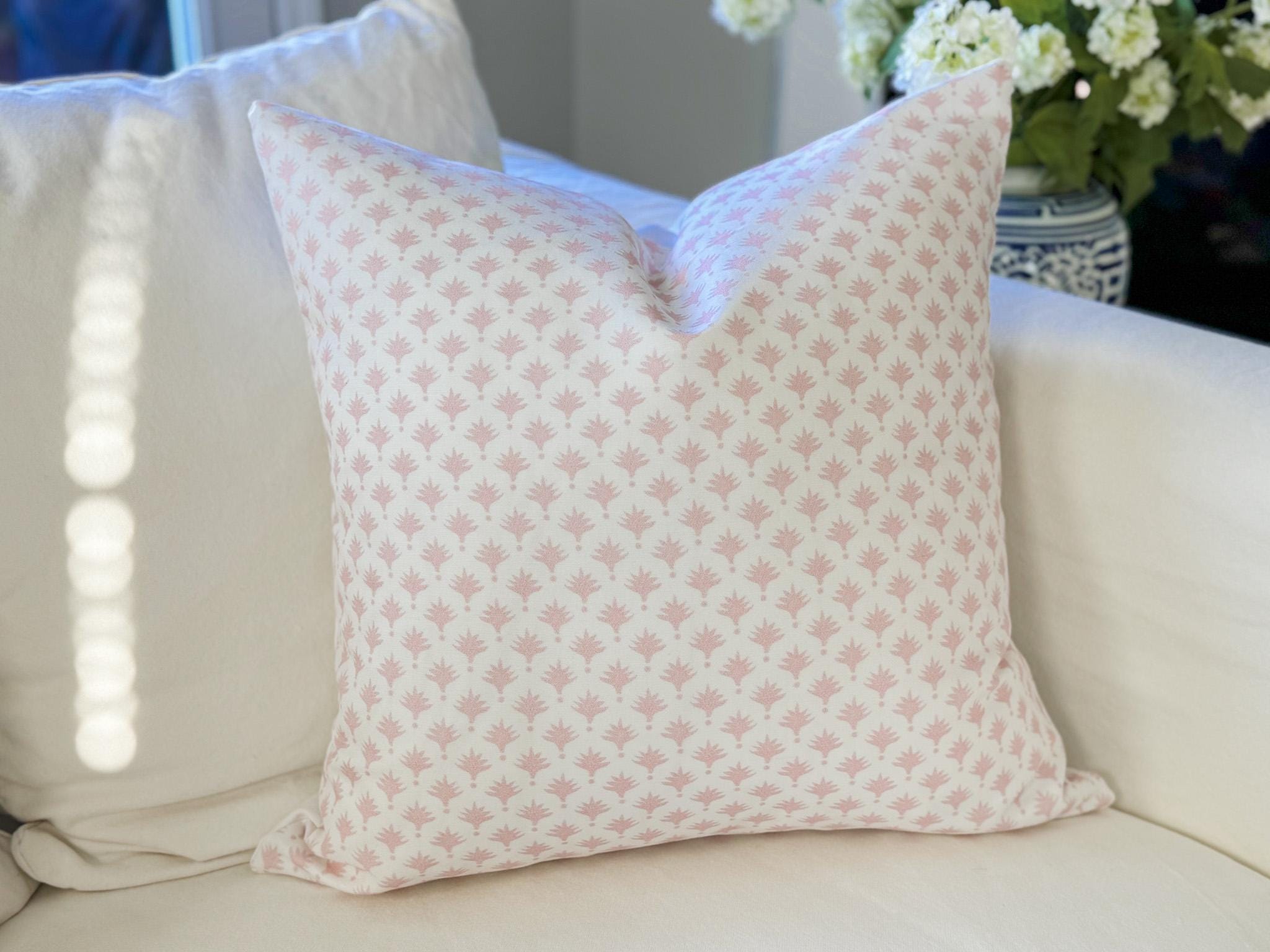 Danika Herrick Pink Tiny Palms Floral Block Print Pillow Cover - Grandmillenial Decor