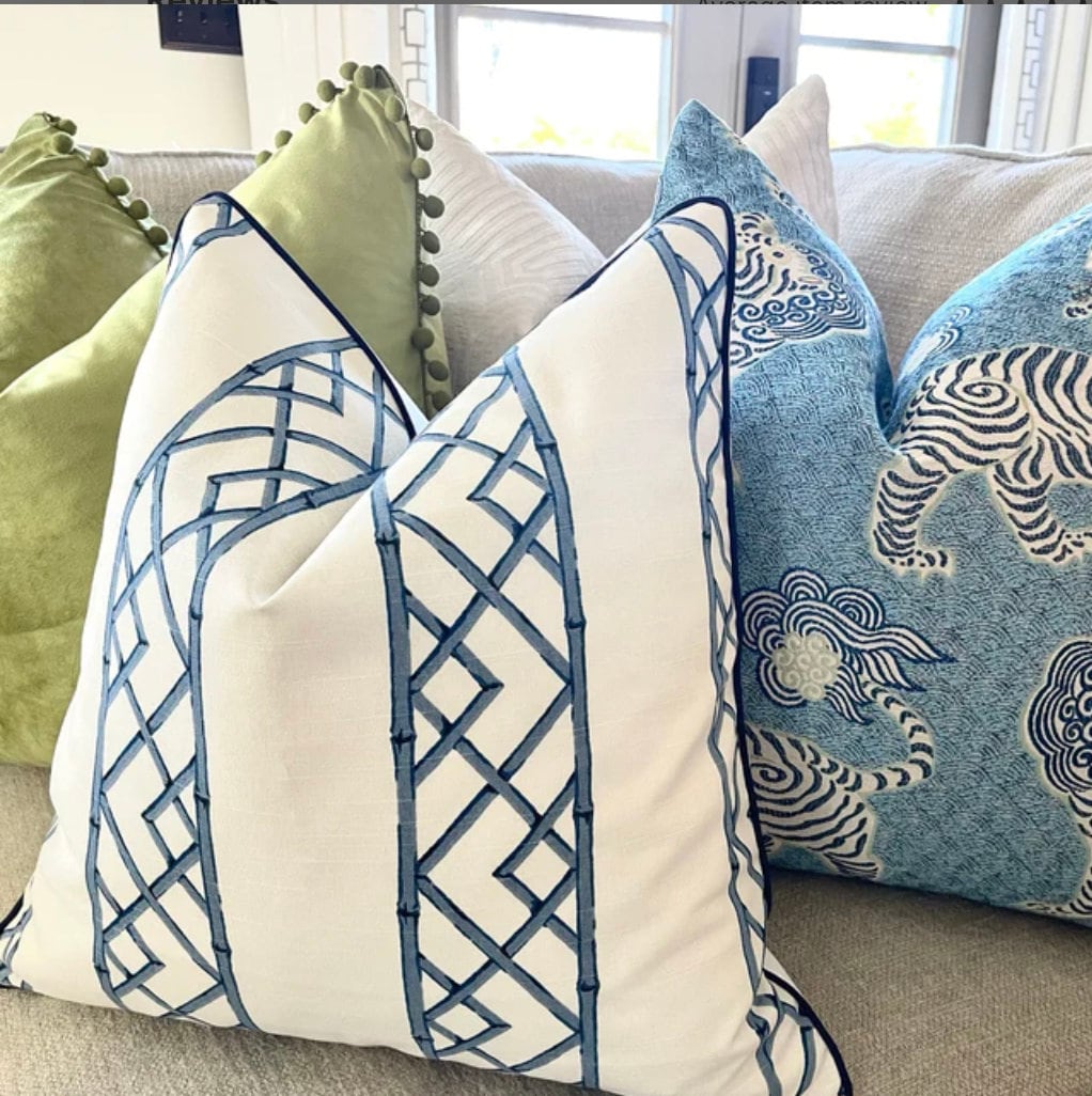 Ballard Reva Blue Bamboo Lattice Pillow Cover - Chinoiserie Grandmillenial Decor