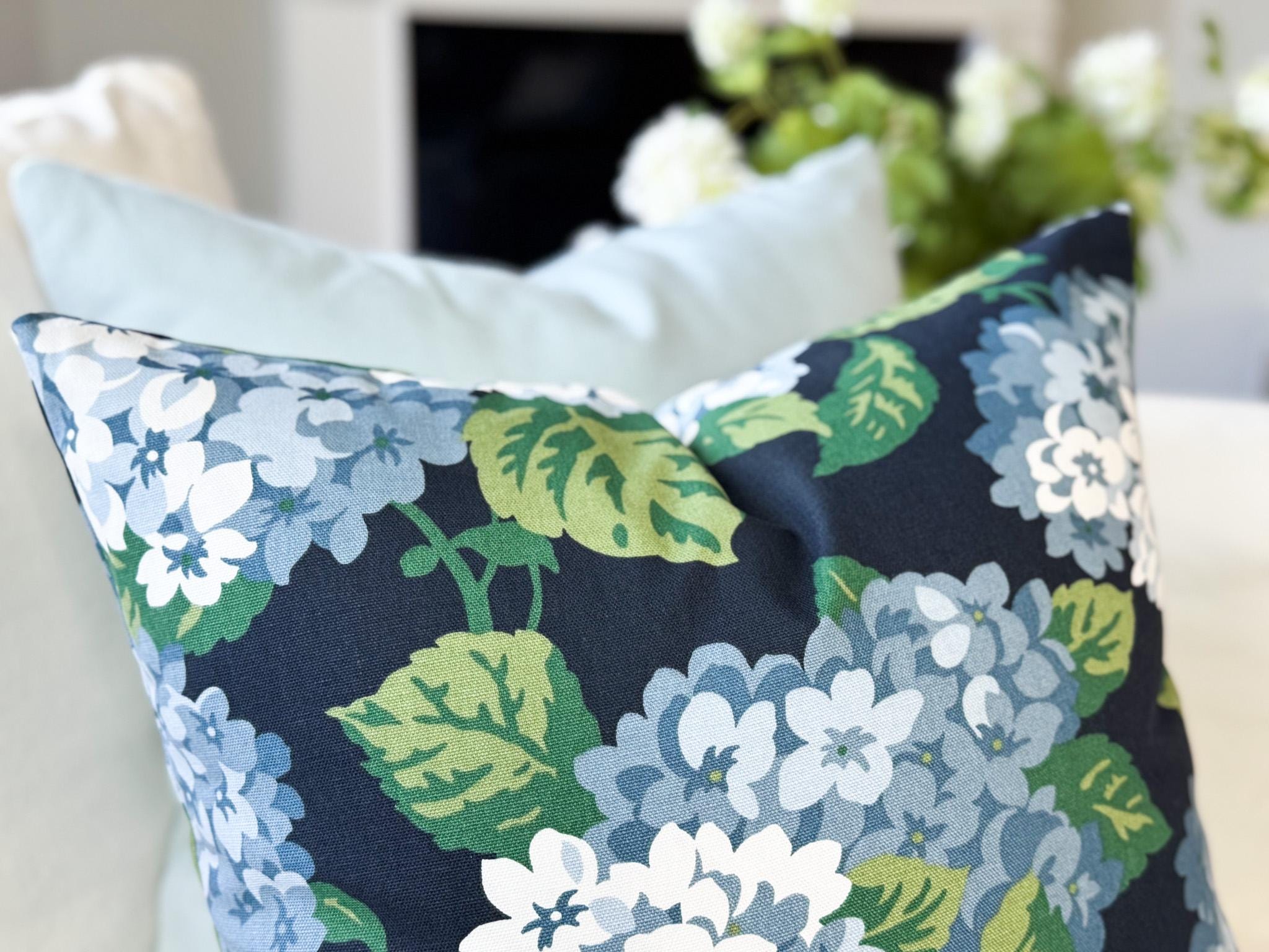 Navy Summer Wind Hydrangea Floral Pillow Cover - Farmhouse Cottagecore Decor