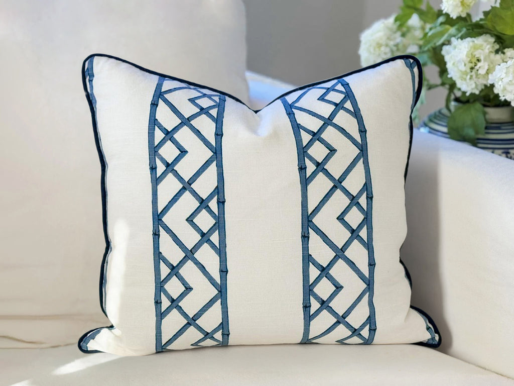 Ballard Reva Blue Bamboo Lattice Pillow Cover - Chinoiserie Grandmillenial Decor