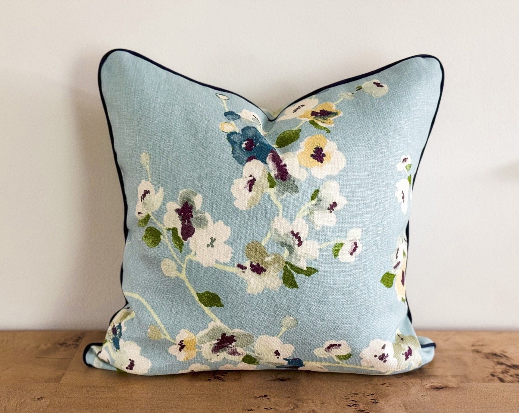 Blue Linen Floral Pillow Cover - Grandmillennial Decor