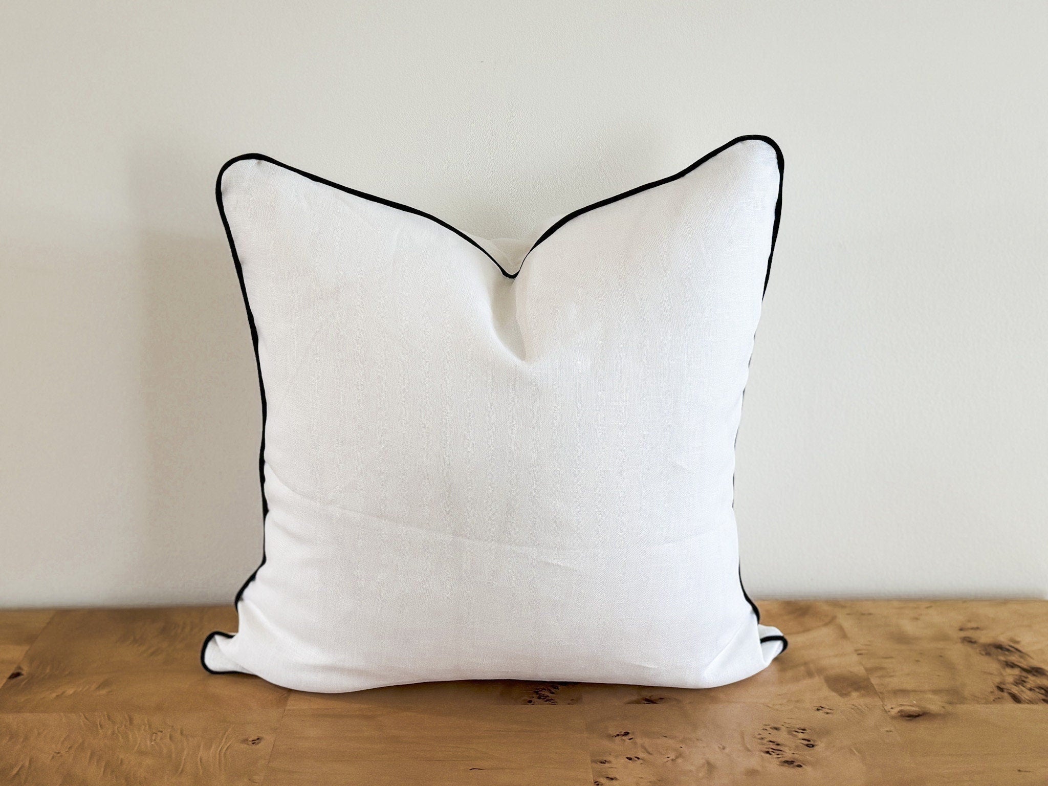 White Linen Pillow Cover: Farmhouse Cottagecore Decor with Black Piping