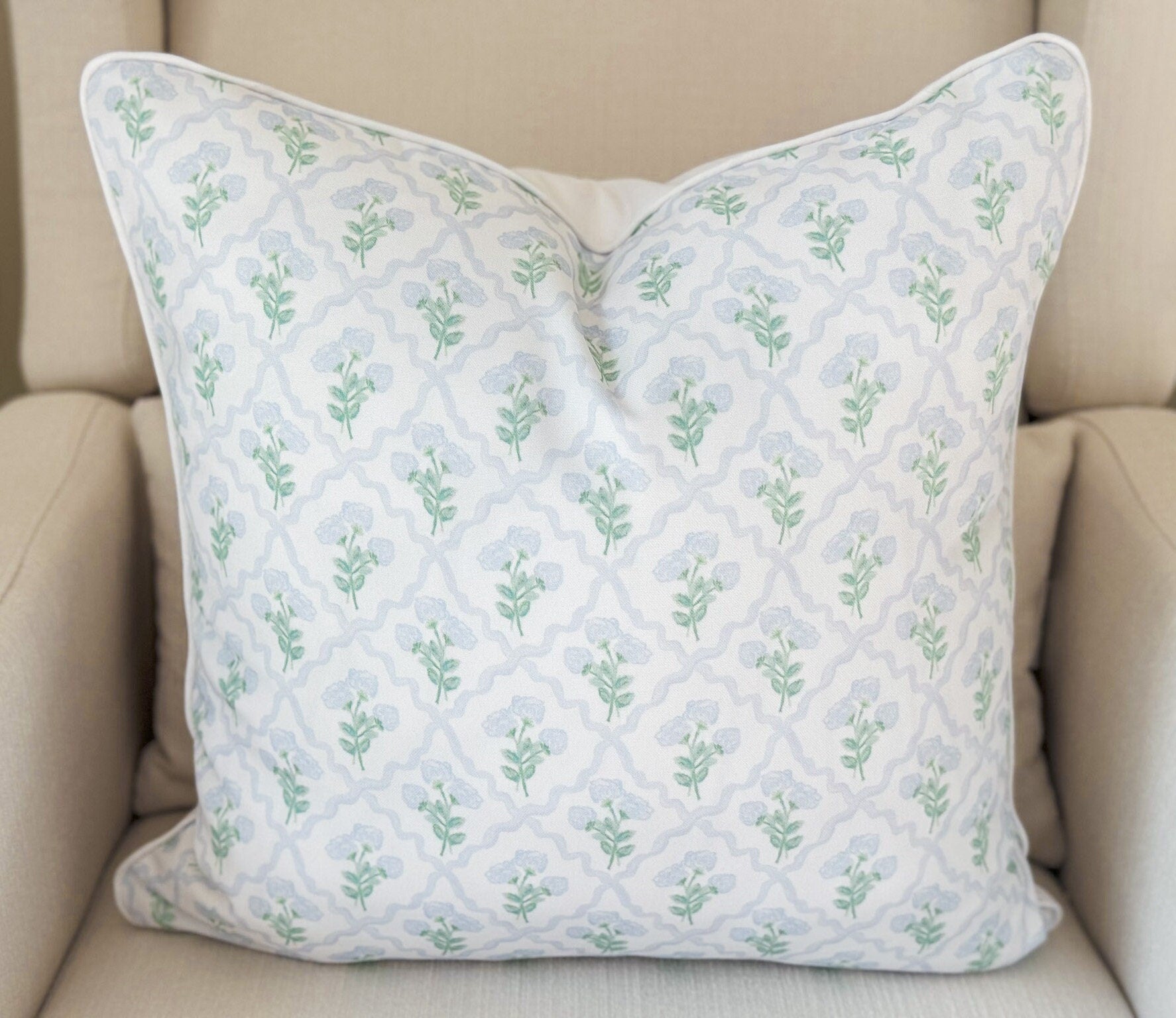 Watercolor Hydrangea Blue Floral Pillow Cover - Grandmillennial Decor