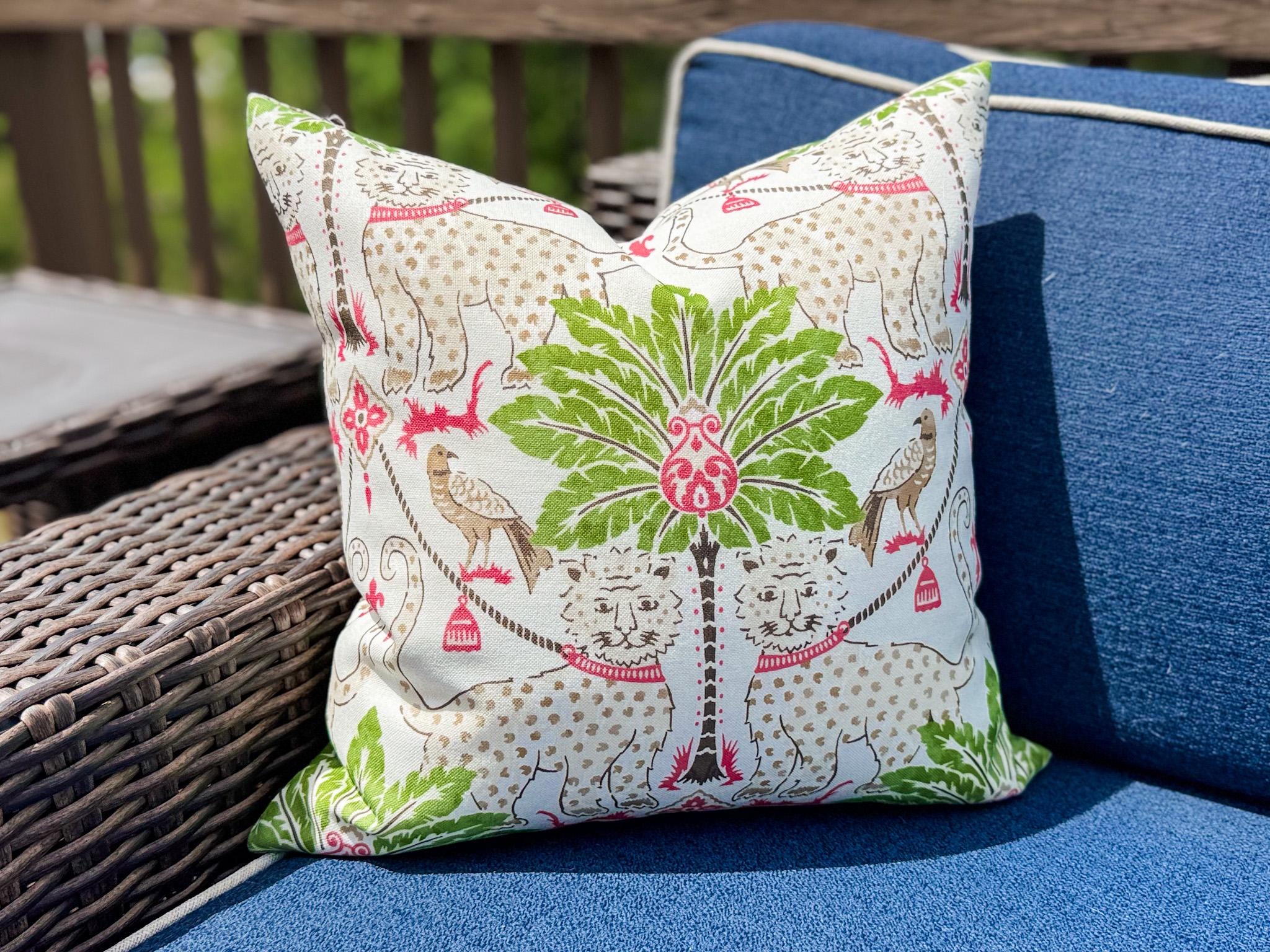 Preppy Jaguar Tropical Indoor Outdoor Pillow Cover - Coastal Chinoiserie Decor