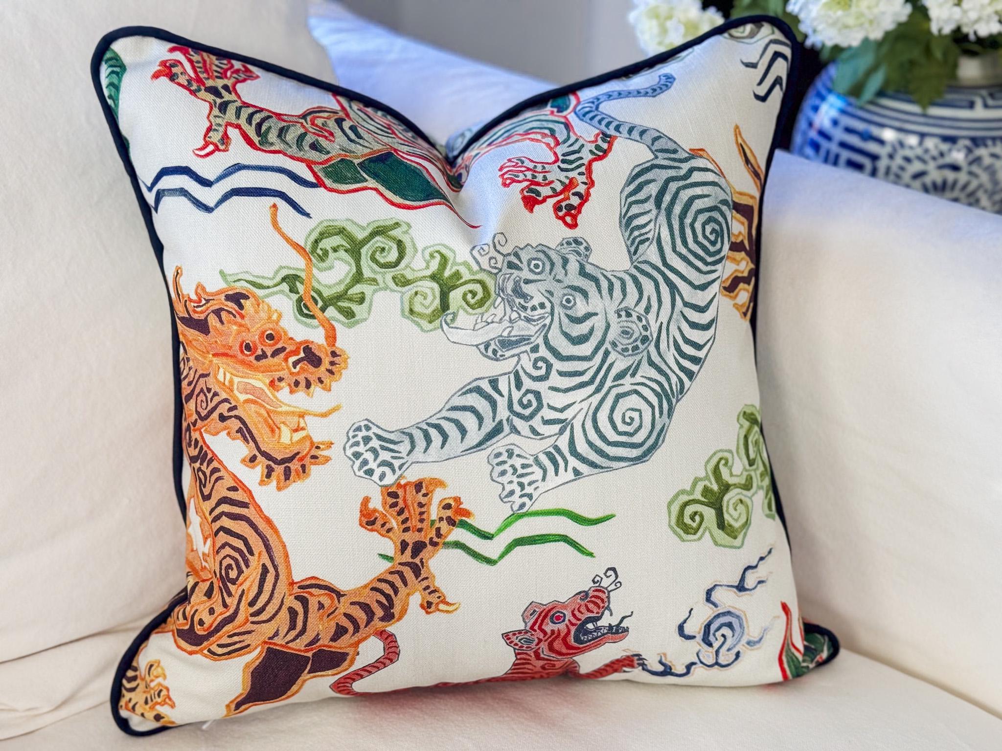 Hamilton Himalaya Tigers Dragon Pillow Cover in Natural - Grandmillennial Chinoiserie Decor