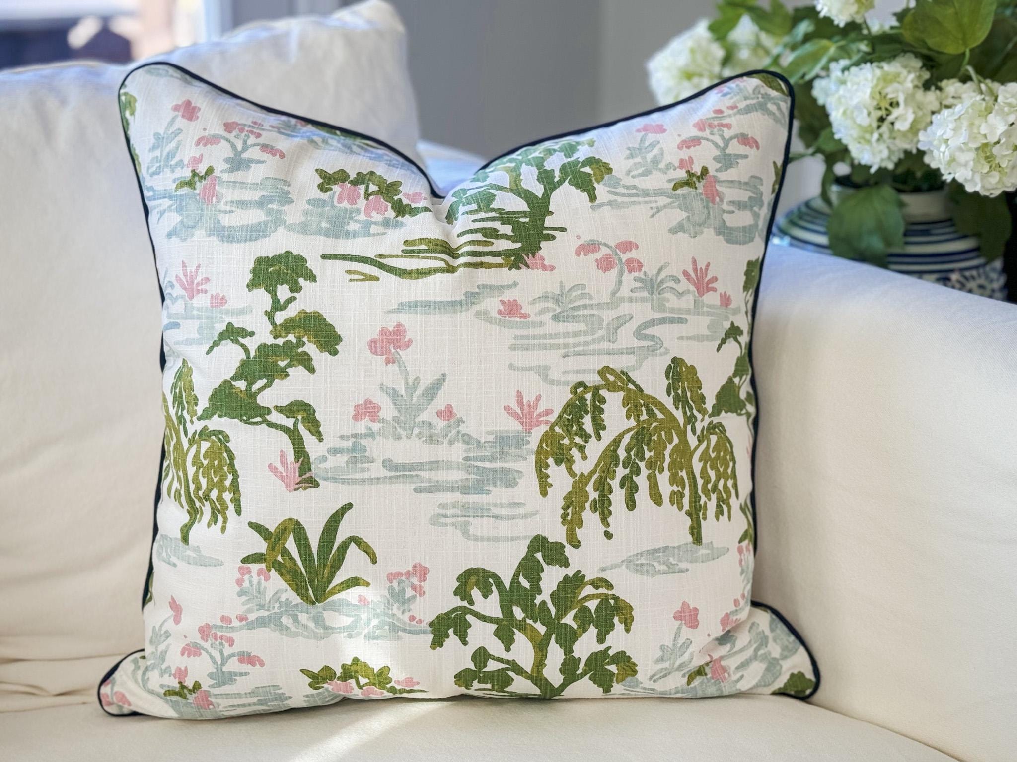 Pink & Green Toile Pillow Cover - Grandmillennial Chinoiserie Decor
