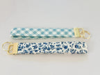 Blue Floral Keychain Bracelet: Buffalo Check Fabric Key Fob Wristlet