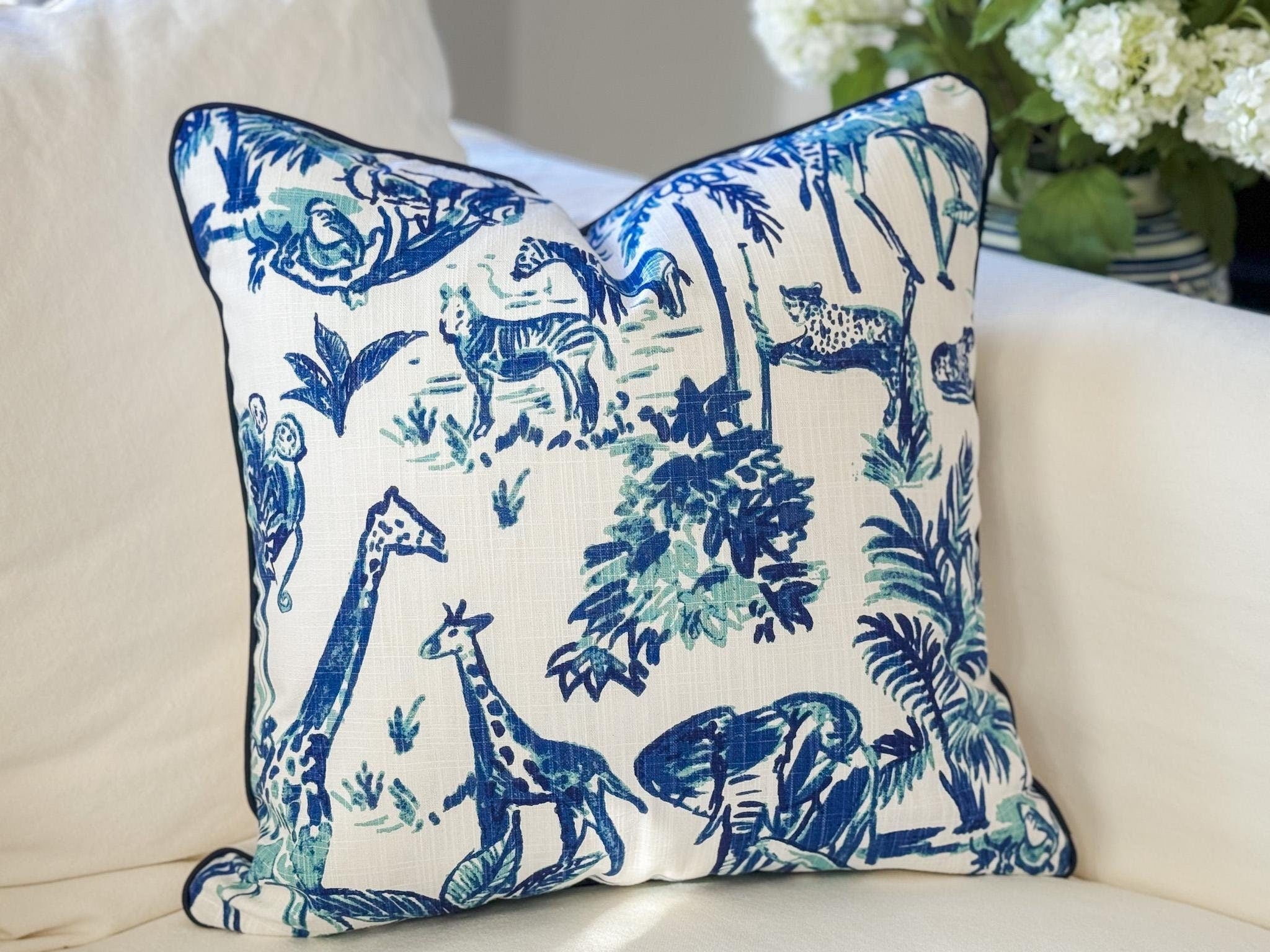 Blue Jungle Animal Print Toile Pillow Cover - Chinoiserie Decor