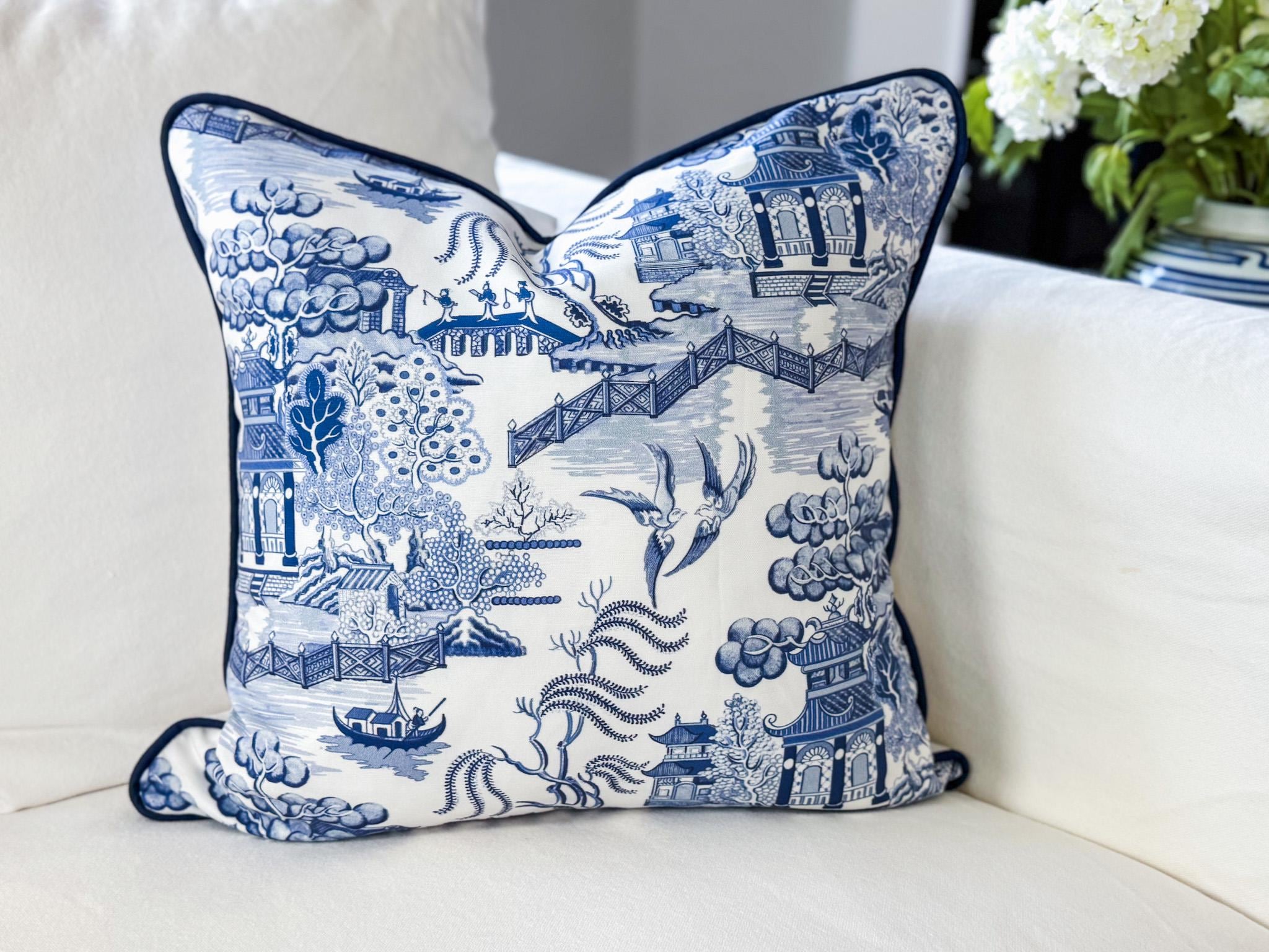 Whitney English Blue Willow Toile Pillow Cover - Grandmillennial Chinoiserie Decor