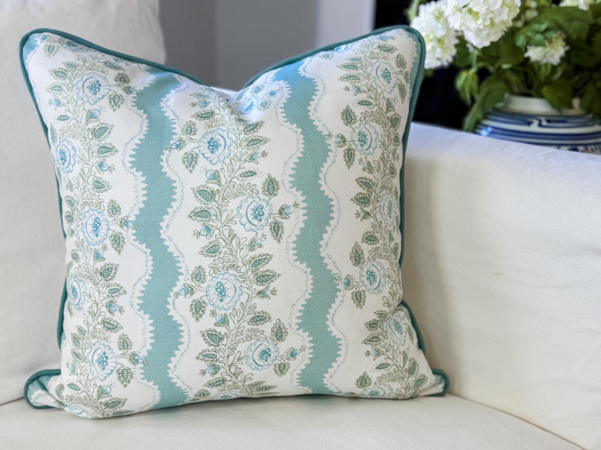 Whitney English Mint Blue Floral Stripe Pillow Cover - Grandmillennial Decor