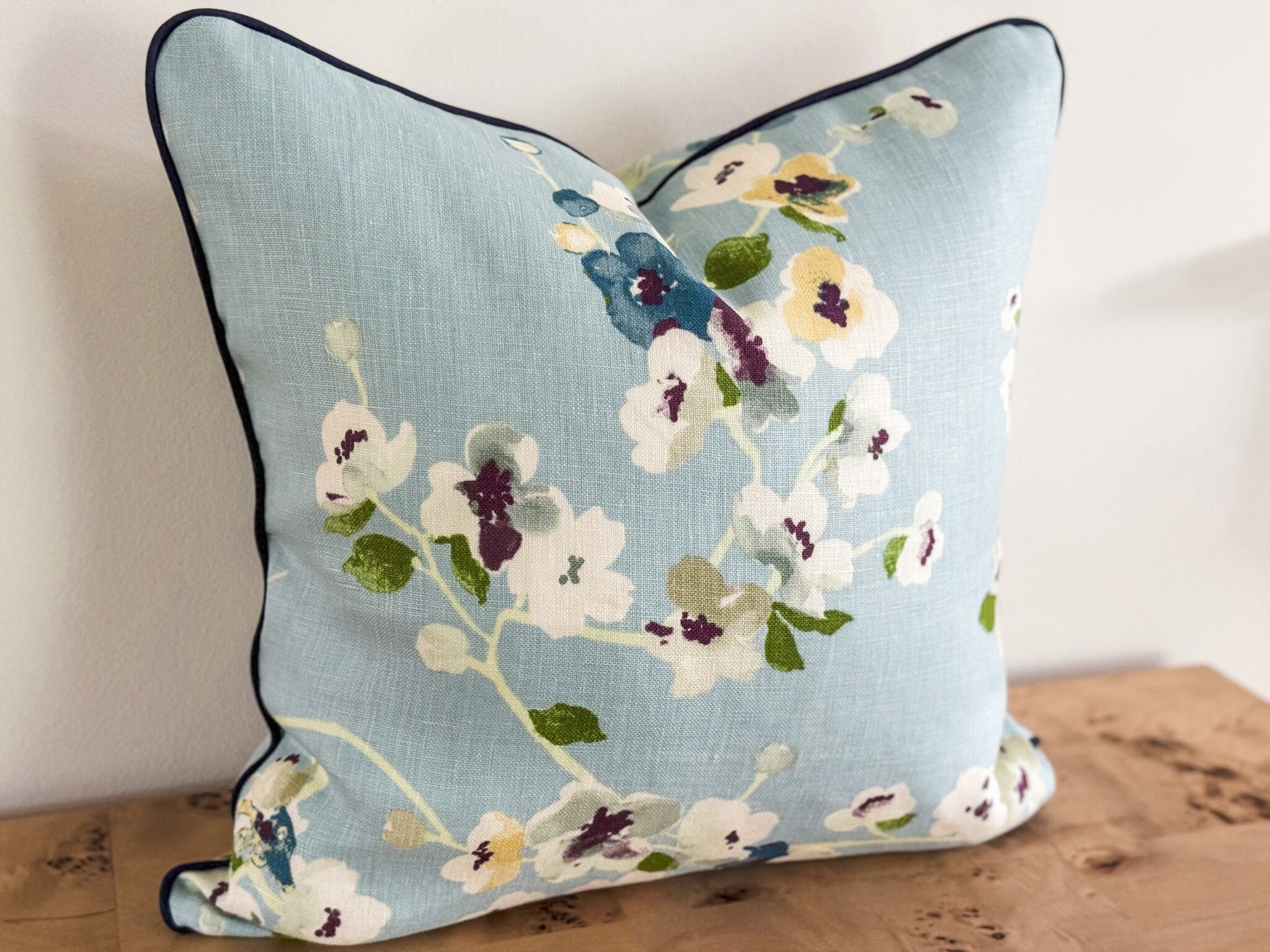 Blue Linen Floral Pillow Cover - Grandmillennial Decor