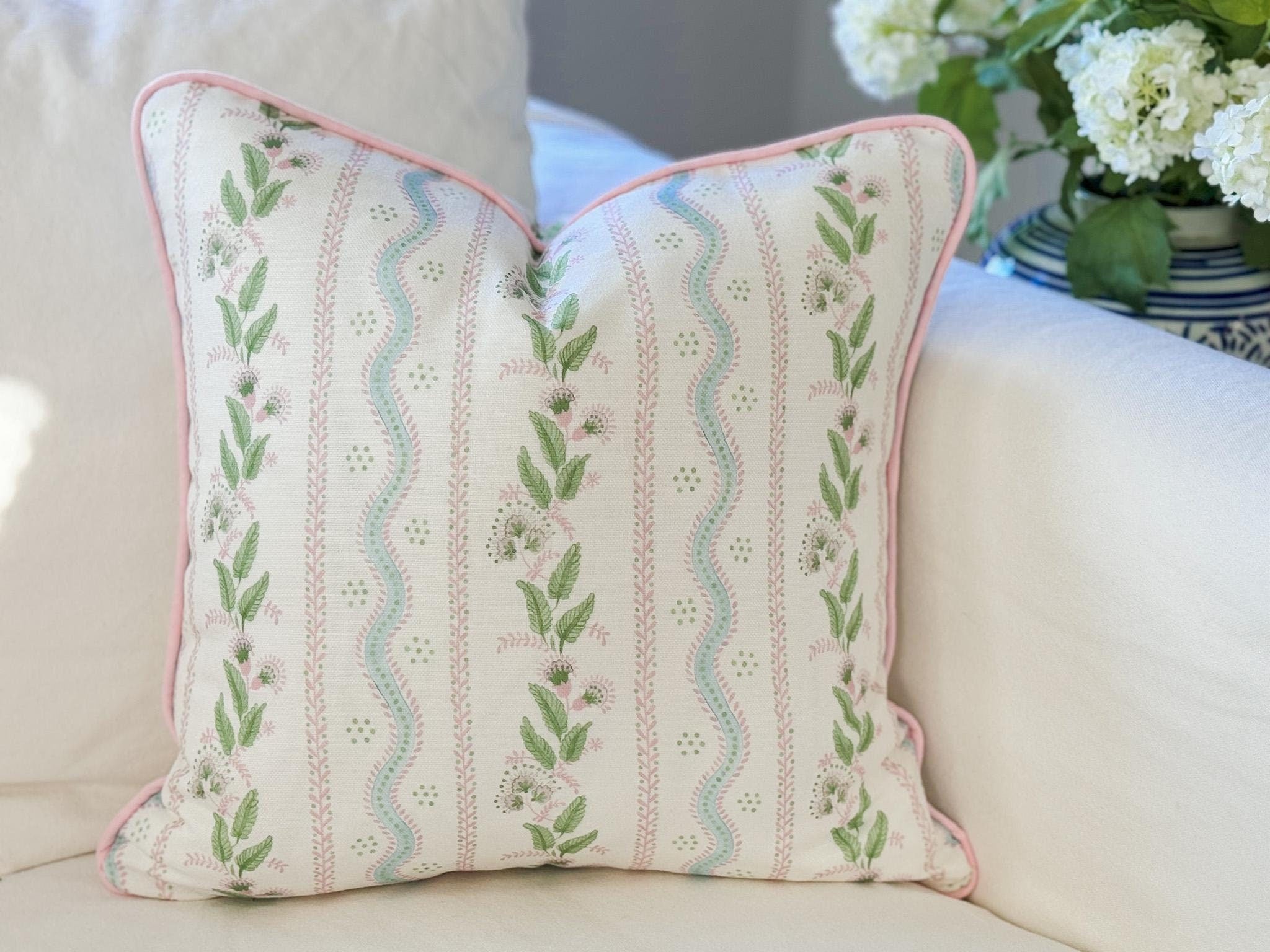Danika Herrick Pink Vines Floral Pillow Cover in Performance Linen - Grandmillenial Decor
