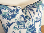 Blue Jungle Animal Print Toile Pillow Cover - Chinoiserie Decor