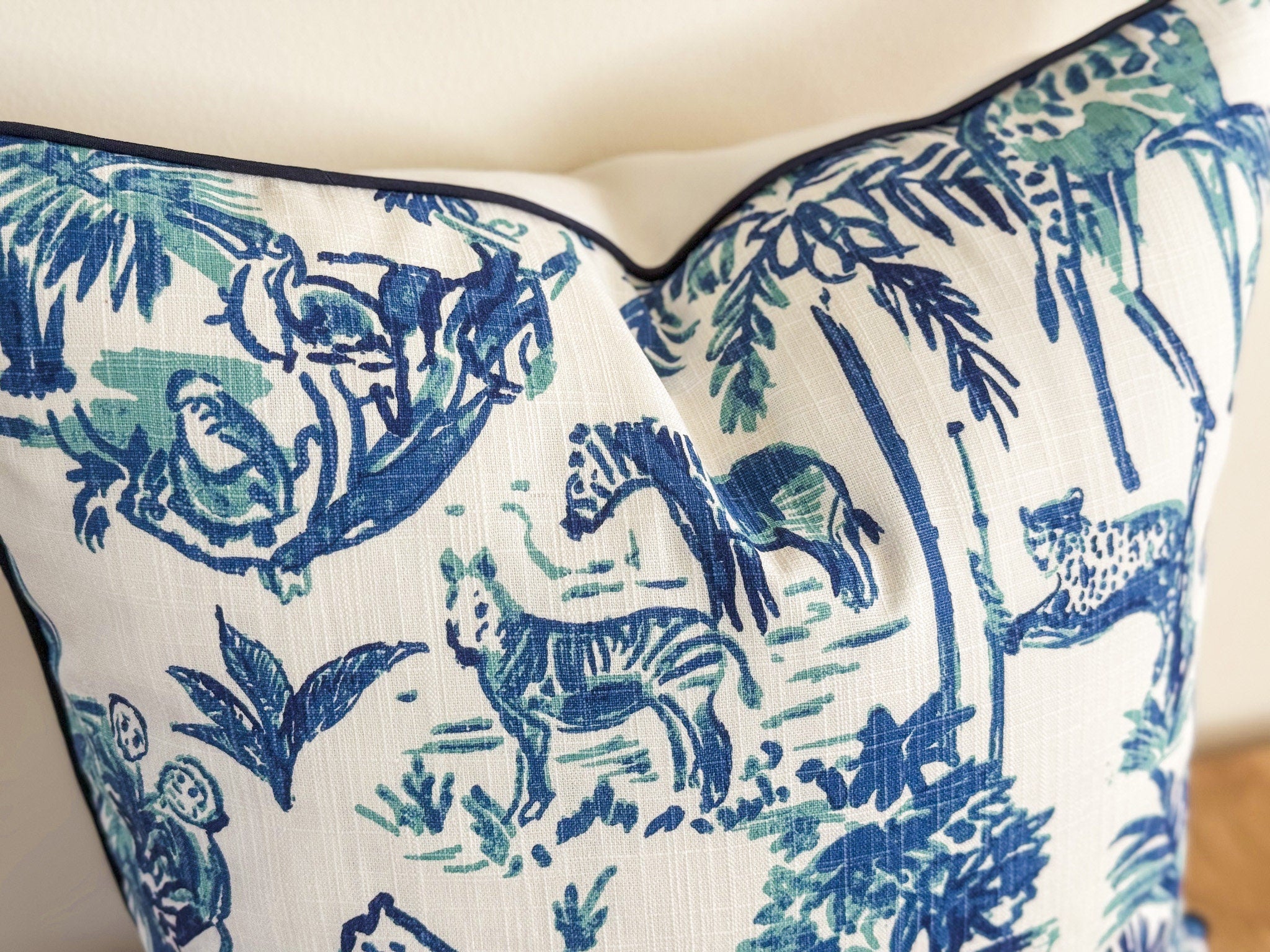 Blue Jungle Animal Print Toile Pillow Cover - Chinoiserie Decor
