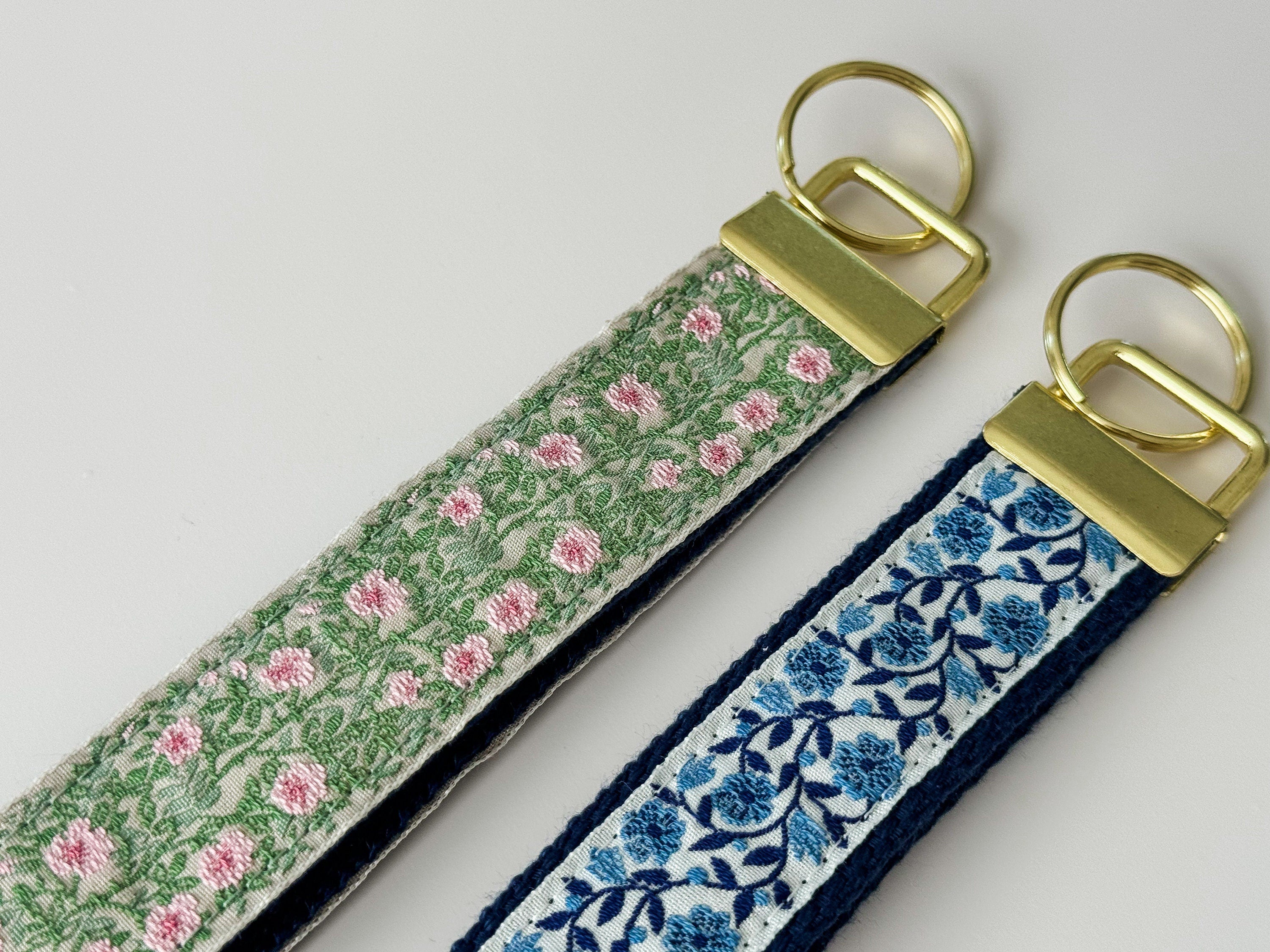 Embroidered Floral Trim Keychain - Gold Wristlet Key Fob