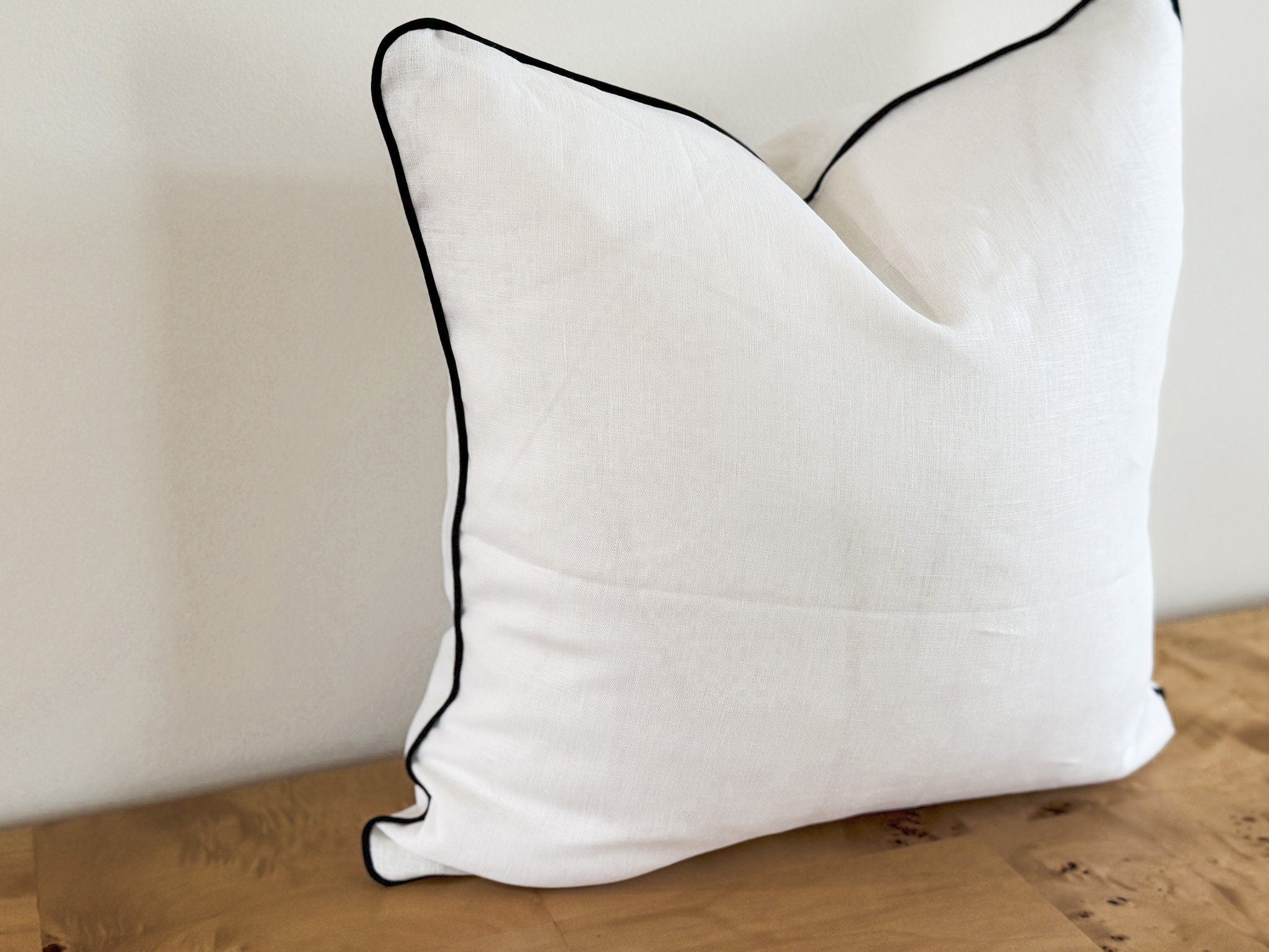White Linen Pillow Cover: Farmhouse Cottagecore Decor with Black Piping