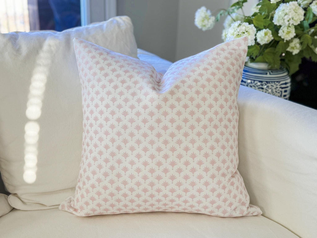 Danika Herrick Pink Tiny Palms Floral Block Print Pillow Cover - Grandmillenial Decor
