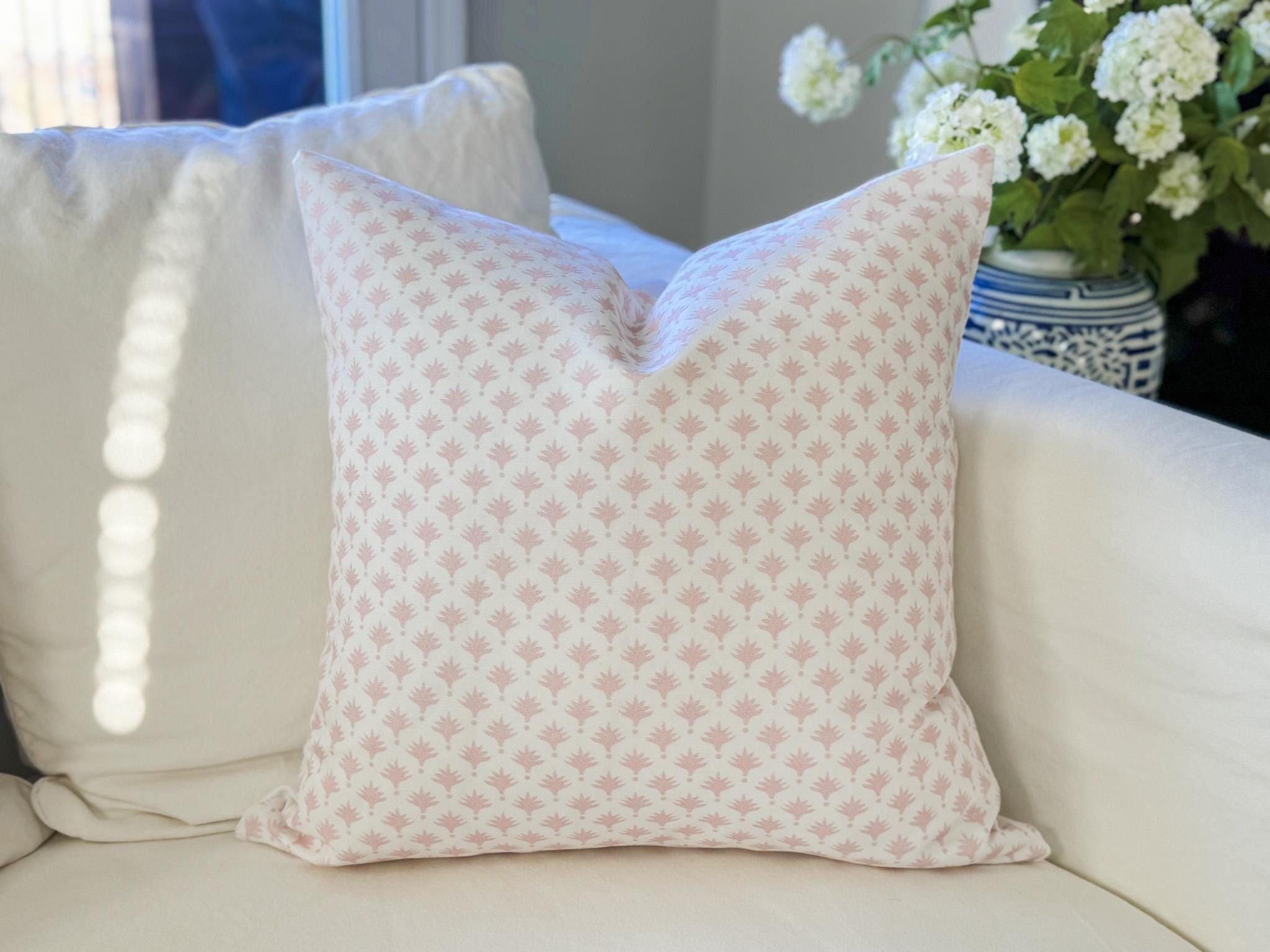 Danika Herrick Pink Tiny Palms Floral Block Print Pillow Cover - Grandmillenial Decor