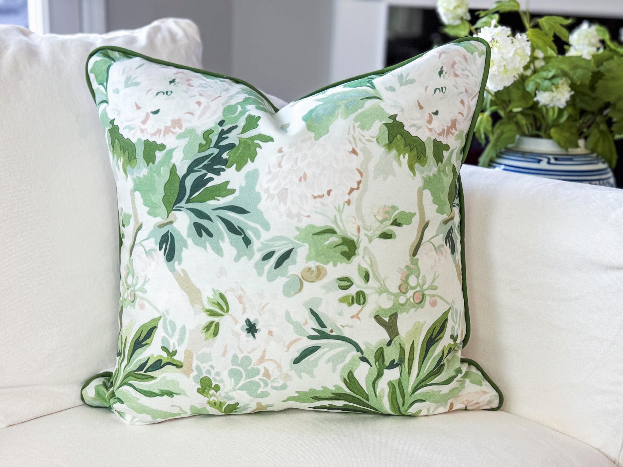 Whitney English British Enigma Green White Floral Pillow Cover - Grandmillenial Decor