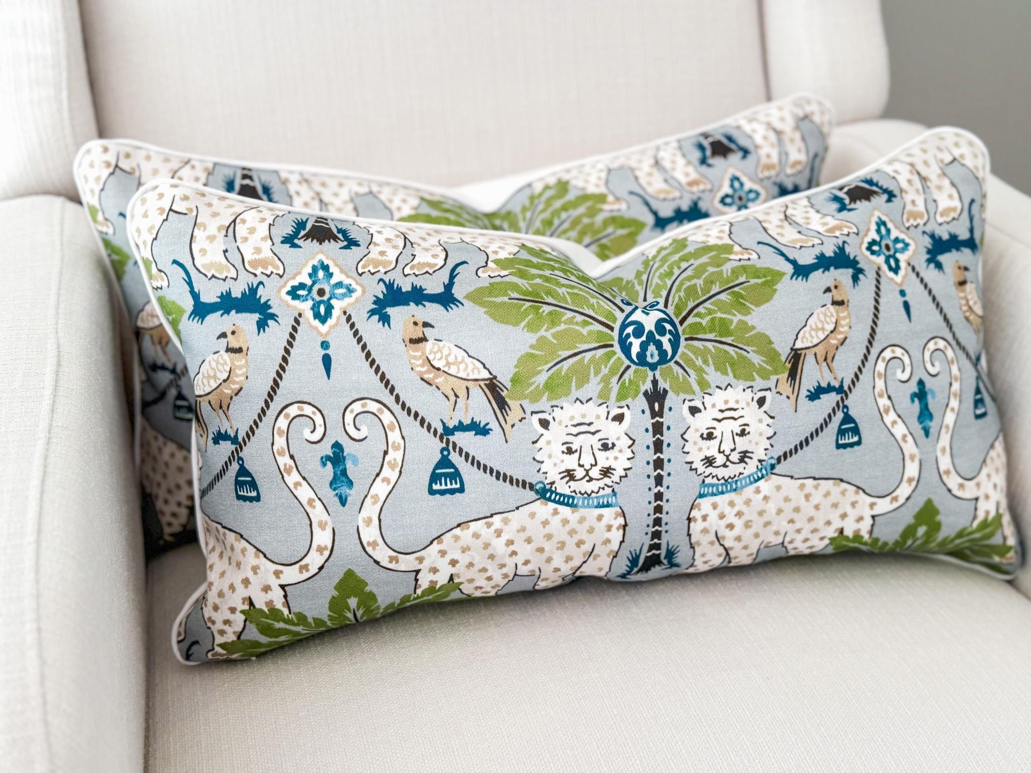 Happy Jaguar Indoor Outdoor Tropical Pillow Cover - Chinoiserie Grandmillenial Decor