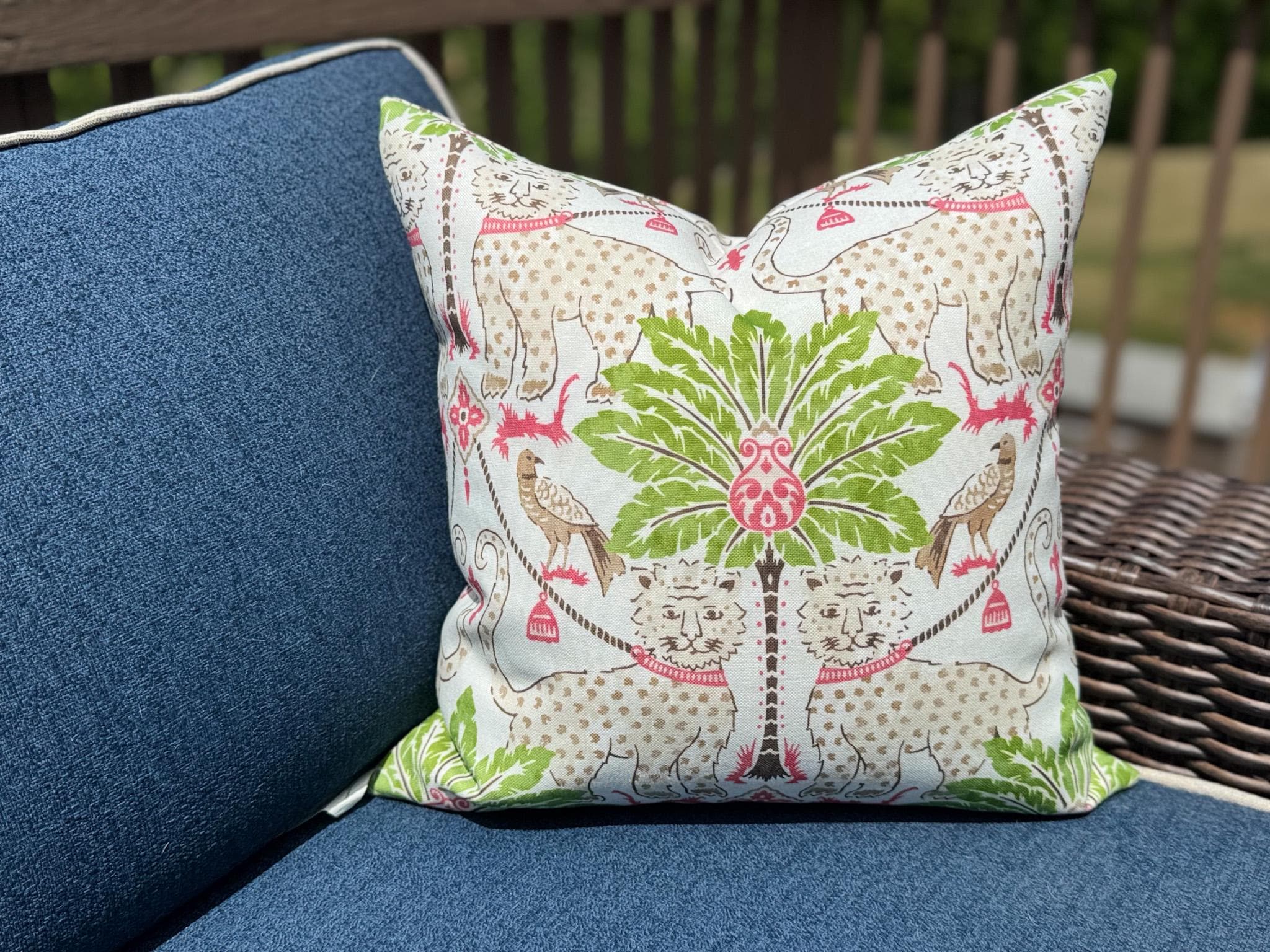 Preppy Jaguar Tropical Indoor Outdoor Pillow Cover - Coastal Chinoiserie Decor