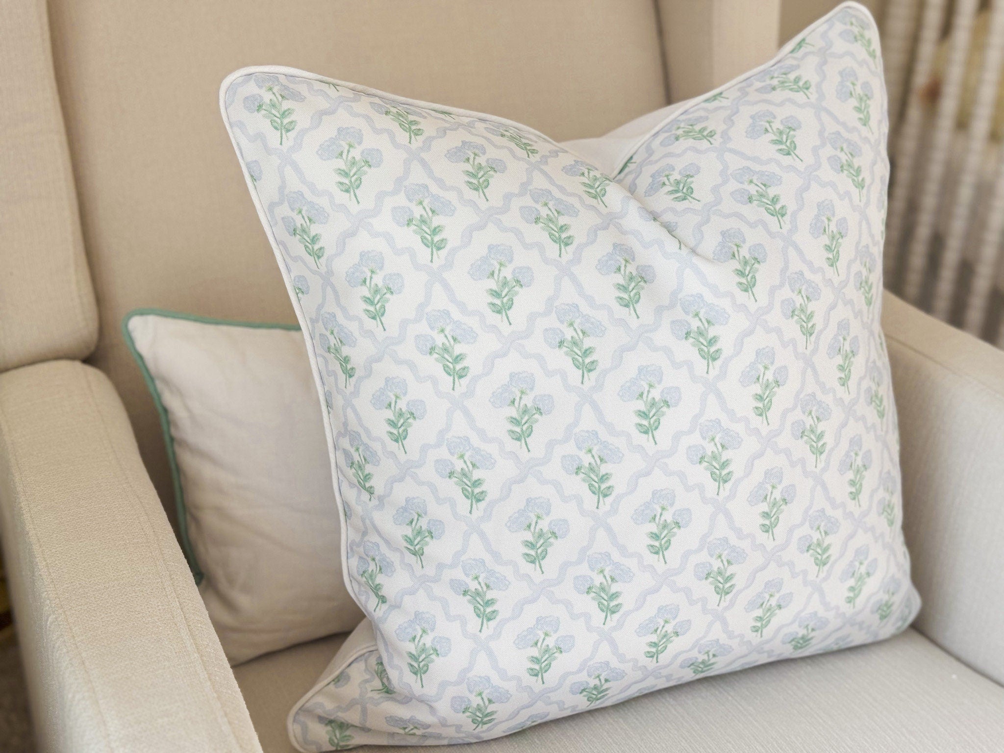 Watercolor Hydrangea Blue Floral Pillow Cover - Grandmillennial Decor