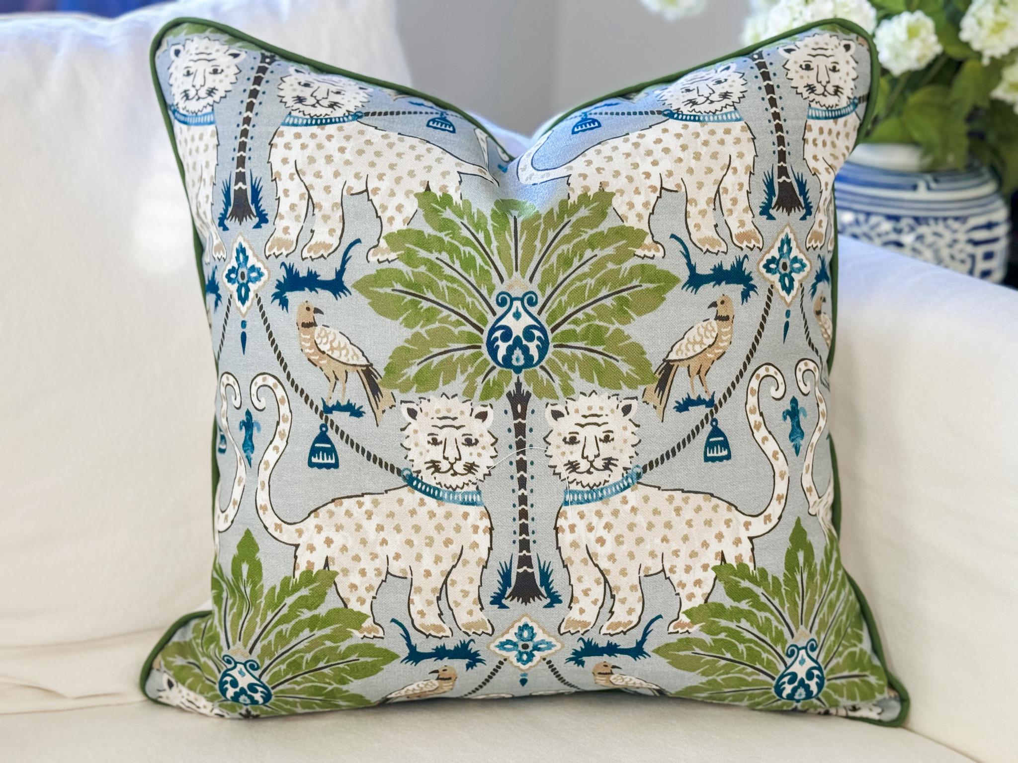 Happy Jaguar Indoor Outdoor Tropical Pillow Cover - Chinoiserie Grandmillennial Decor