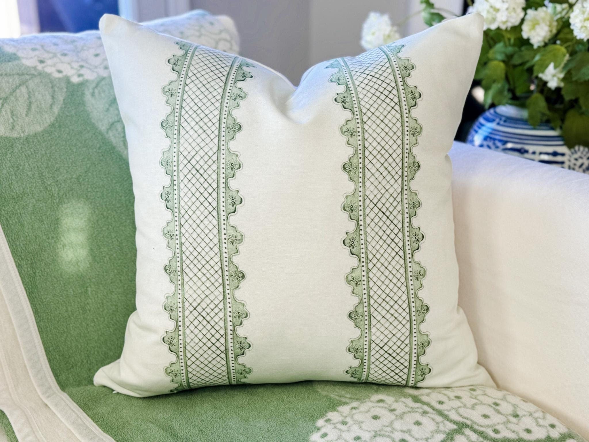 Danika Herrick Clarabelle Green Lattice Stripe Pillow Cover - Grandmillennial Decor