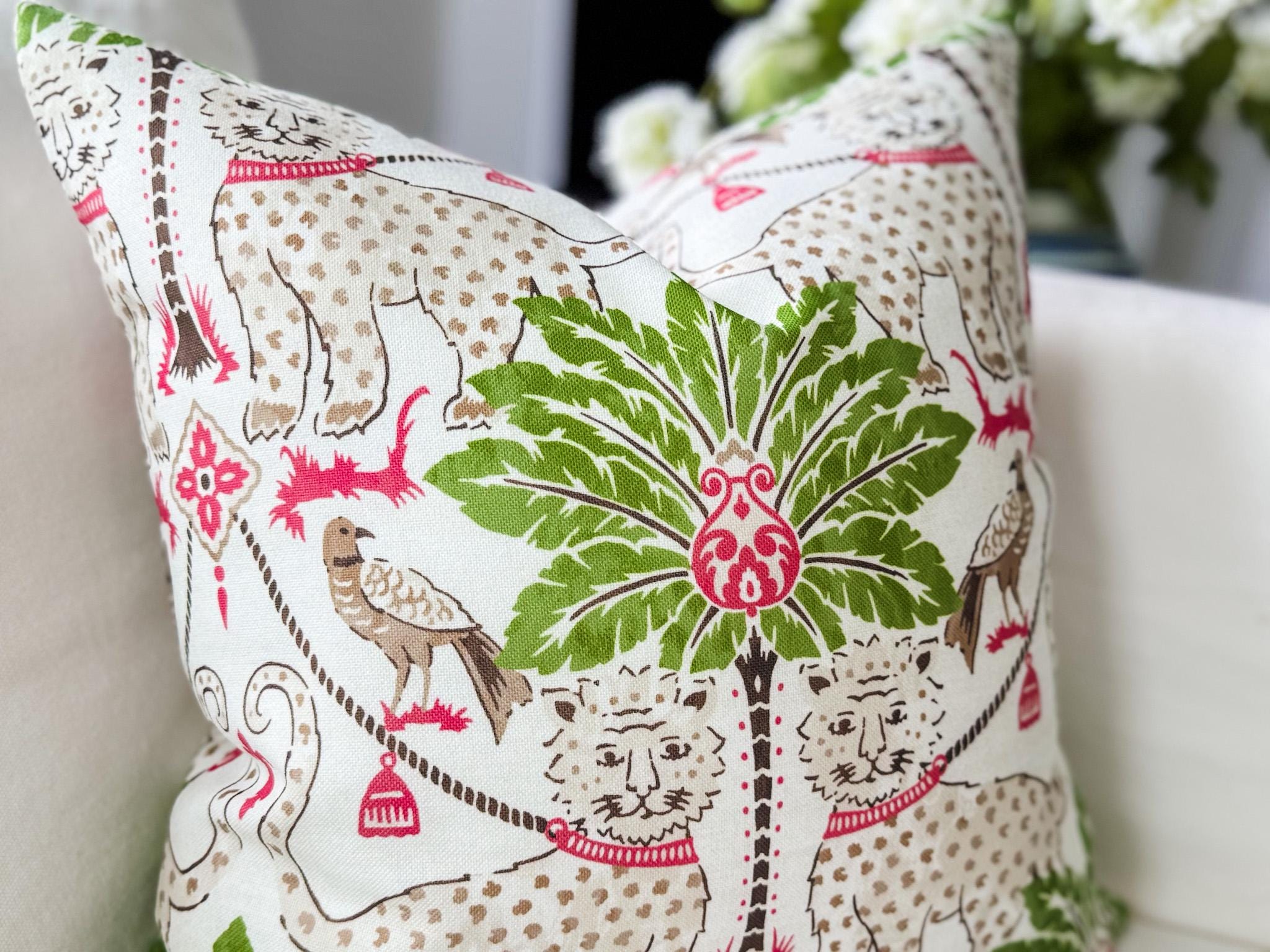 Preppy Jaguar Tropical Indoor Outdoor Pillow Cover - Coastal Chinoiserie Decor