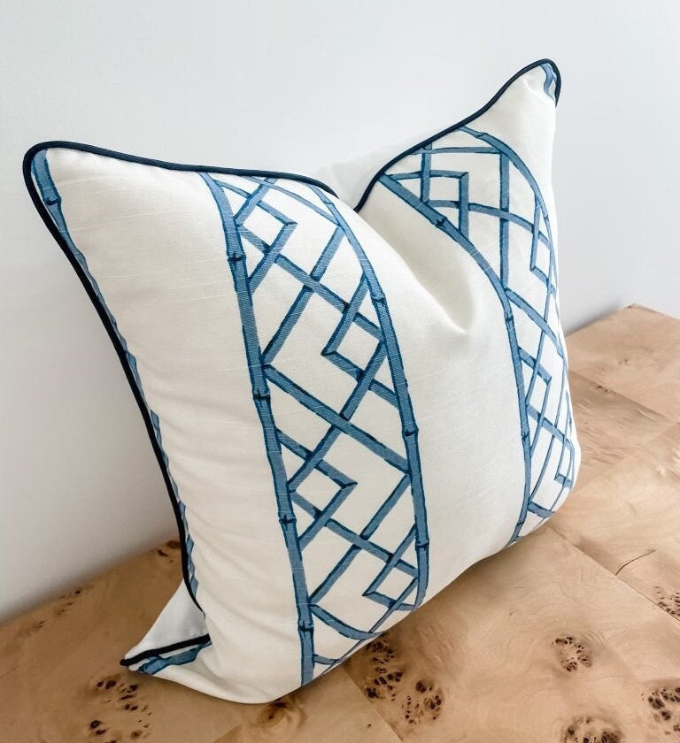 Ballard Reva Blue Bamboo Lattice Pillow Cover - Chinoiserie Grandmillenial Decor