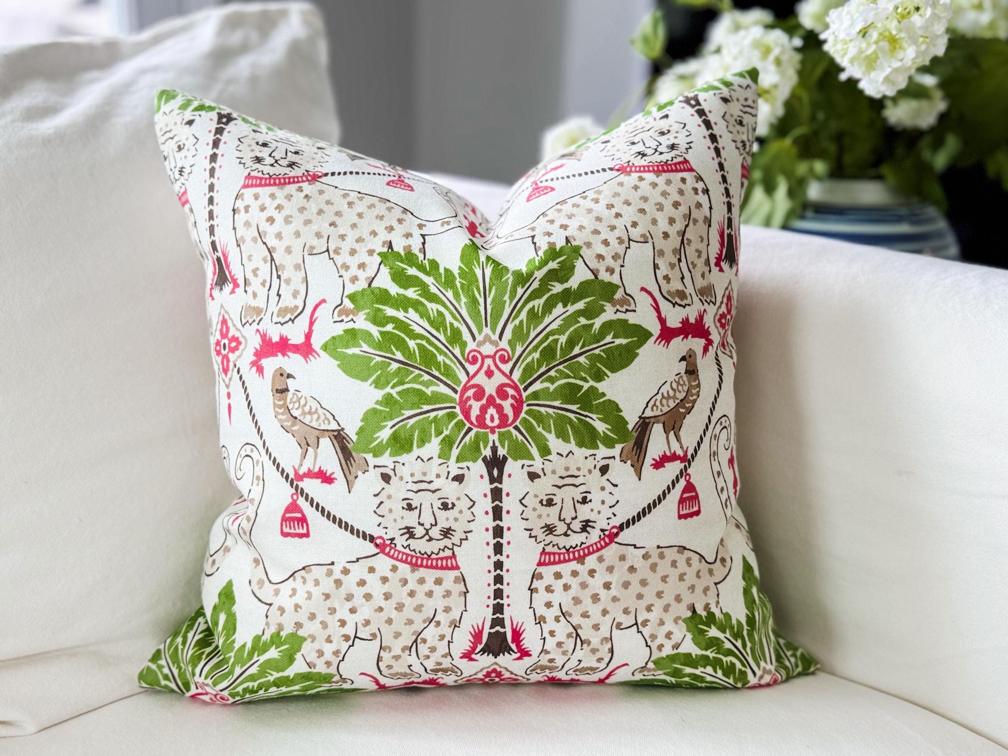 Preppy Jaguar Tropical Indoor Outdoor Pillow Cover - Coastal Chinoiserie Decor