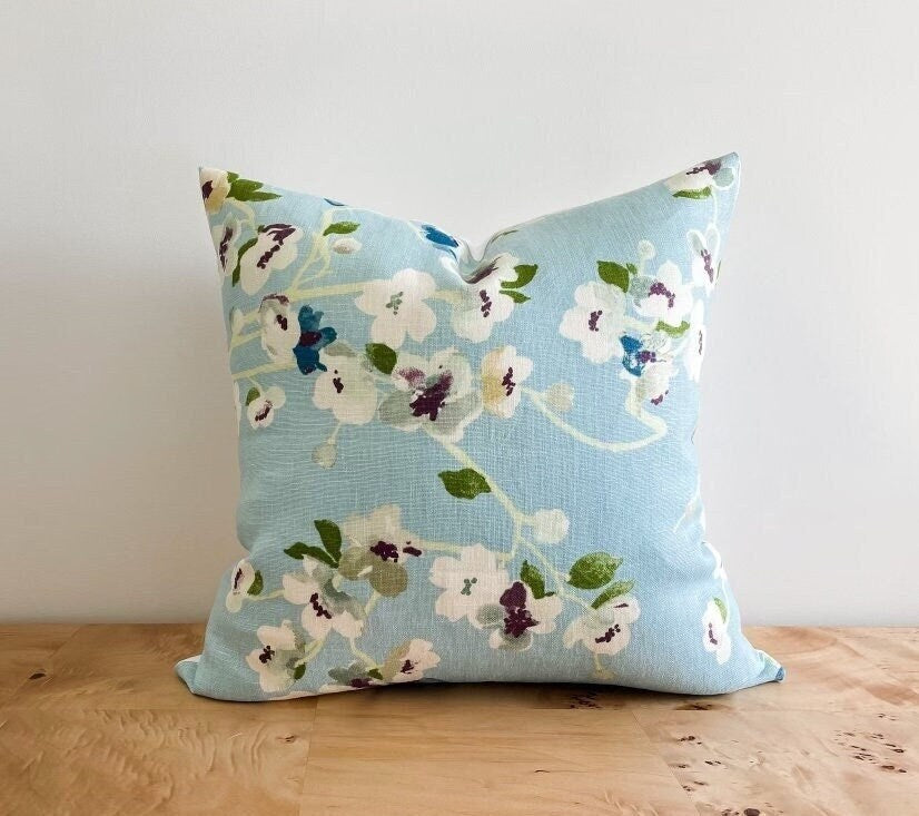 Blue Linen Floral Pillow Cover - Grandmillennial Decor