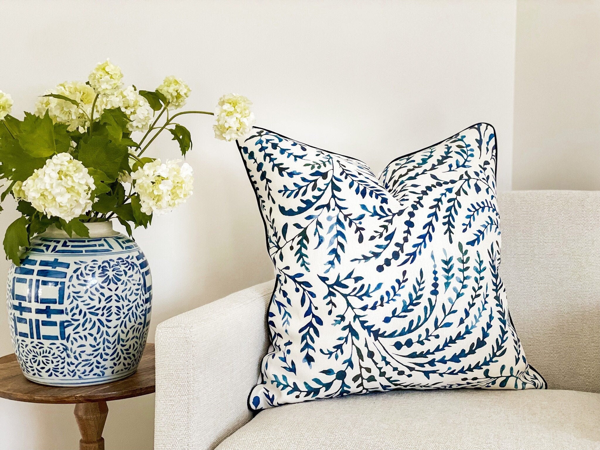 Serena & Lily Navy Priano Floral Pillow Cover - Coastal Grandmillenial Decor