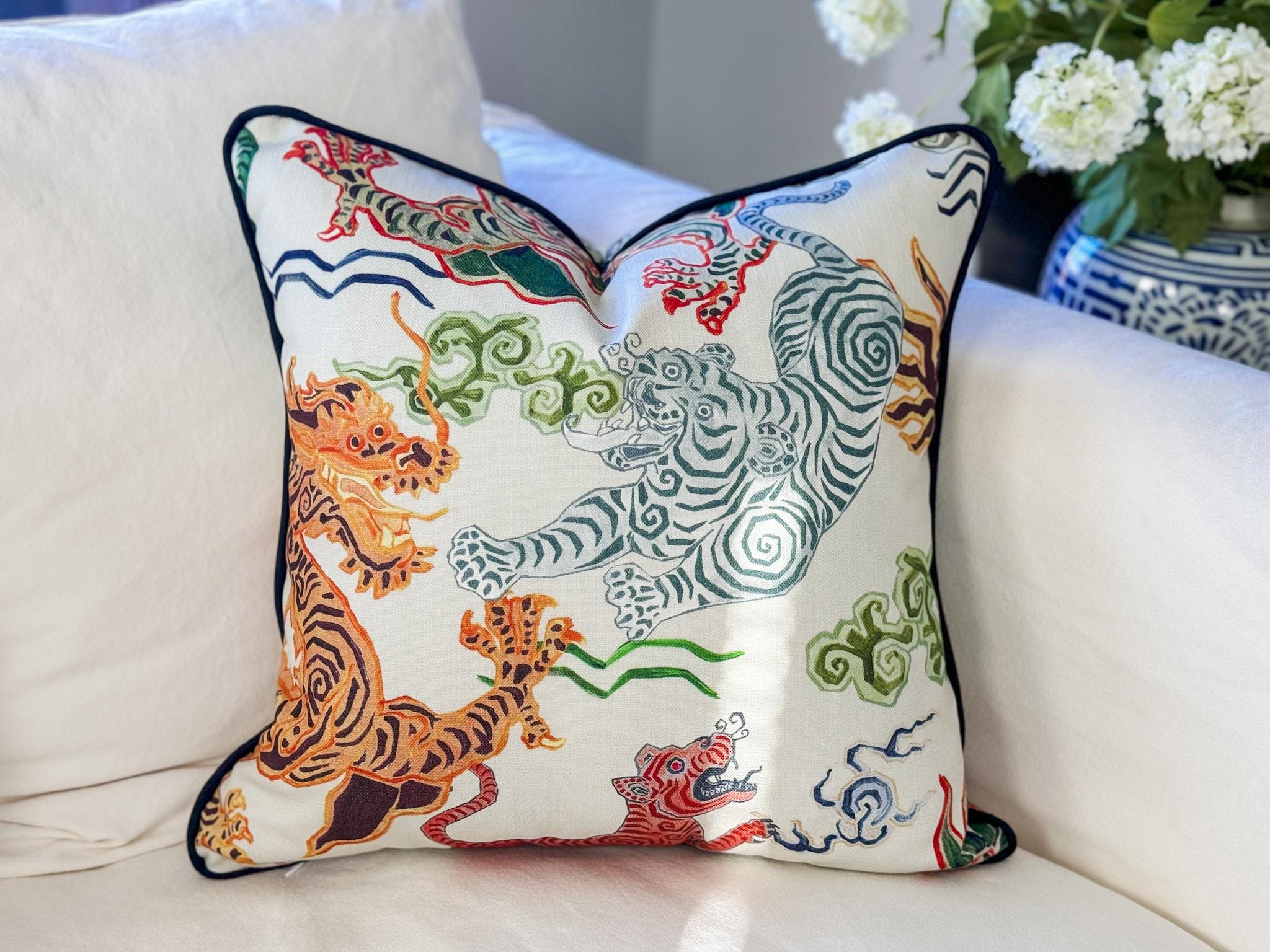 Hamilton Himalaya Natural Tigers & Dragons Pillow Cover - Chinoiserie Decor