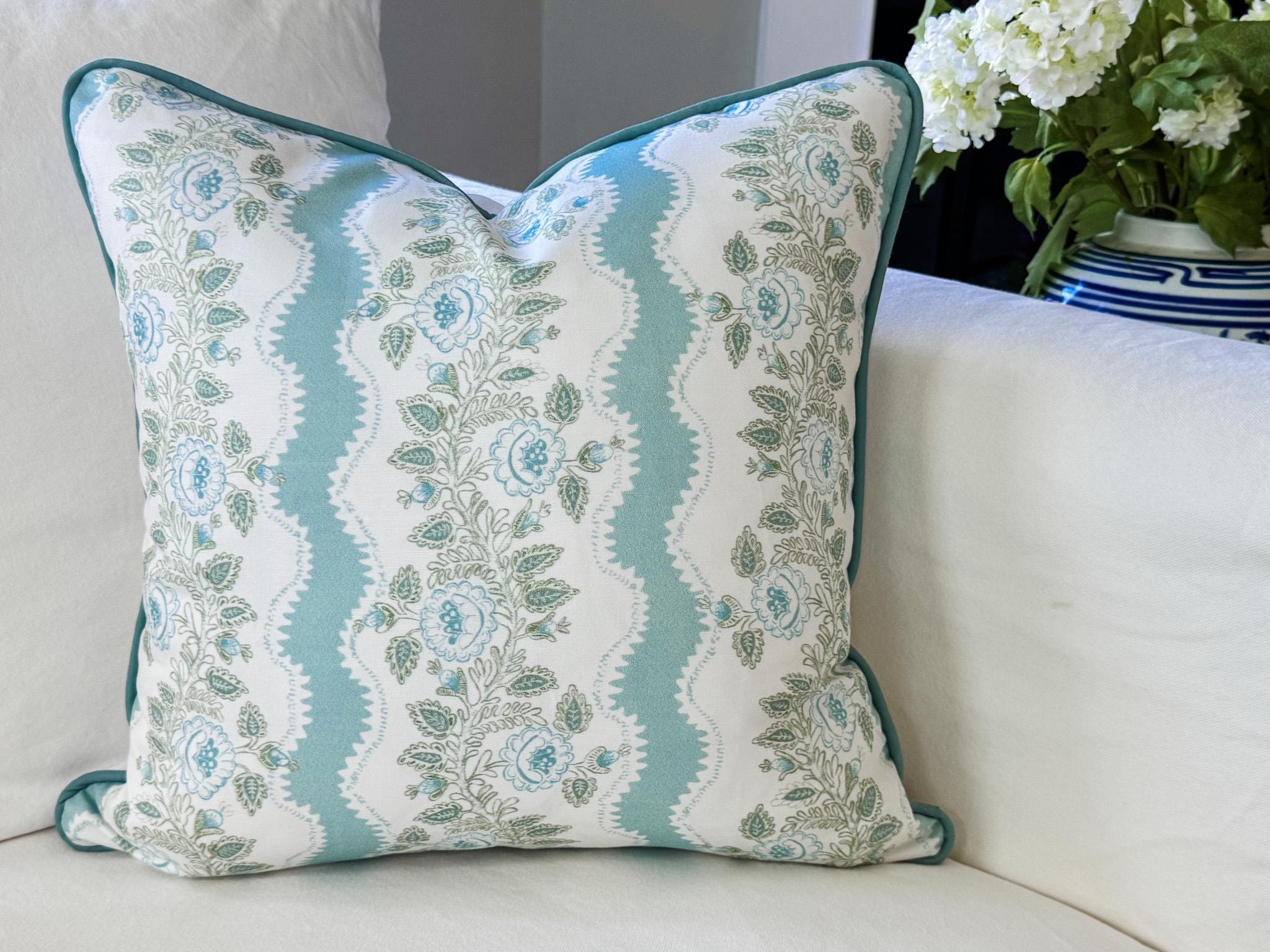 Whitney English Mint Blue Floral Stripe Pillow Cover - Grandmillennial Decor