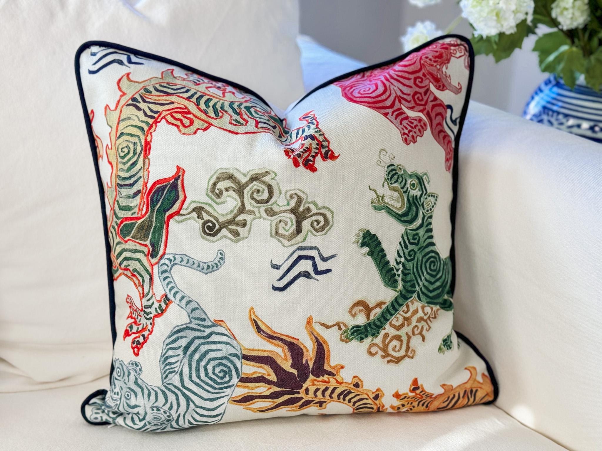 Hamilton Himalaya Natural Tigers & Dragons Pillow Cover - Chinoiserie Decor