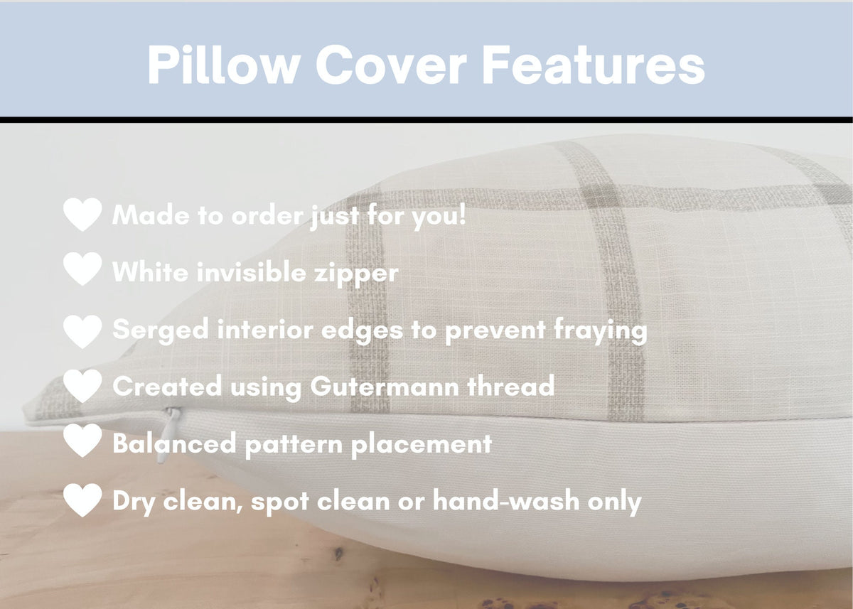 Pillow cover with features listed on a light blue background