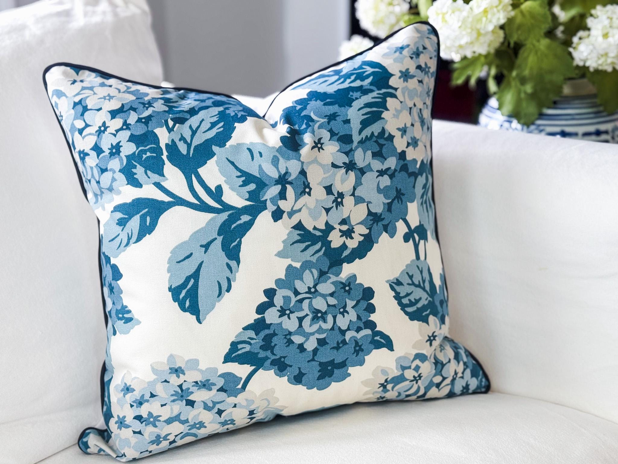 Blue Summer Wind Hydrangea Floral Pillow Cover - Farmhouse Cottagecore Grandmillennial Decor