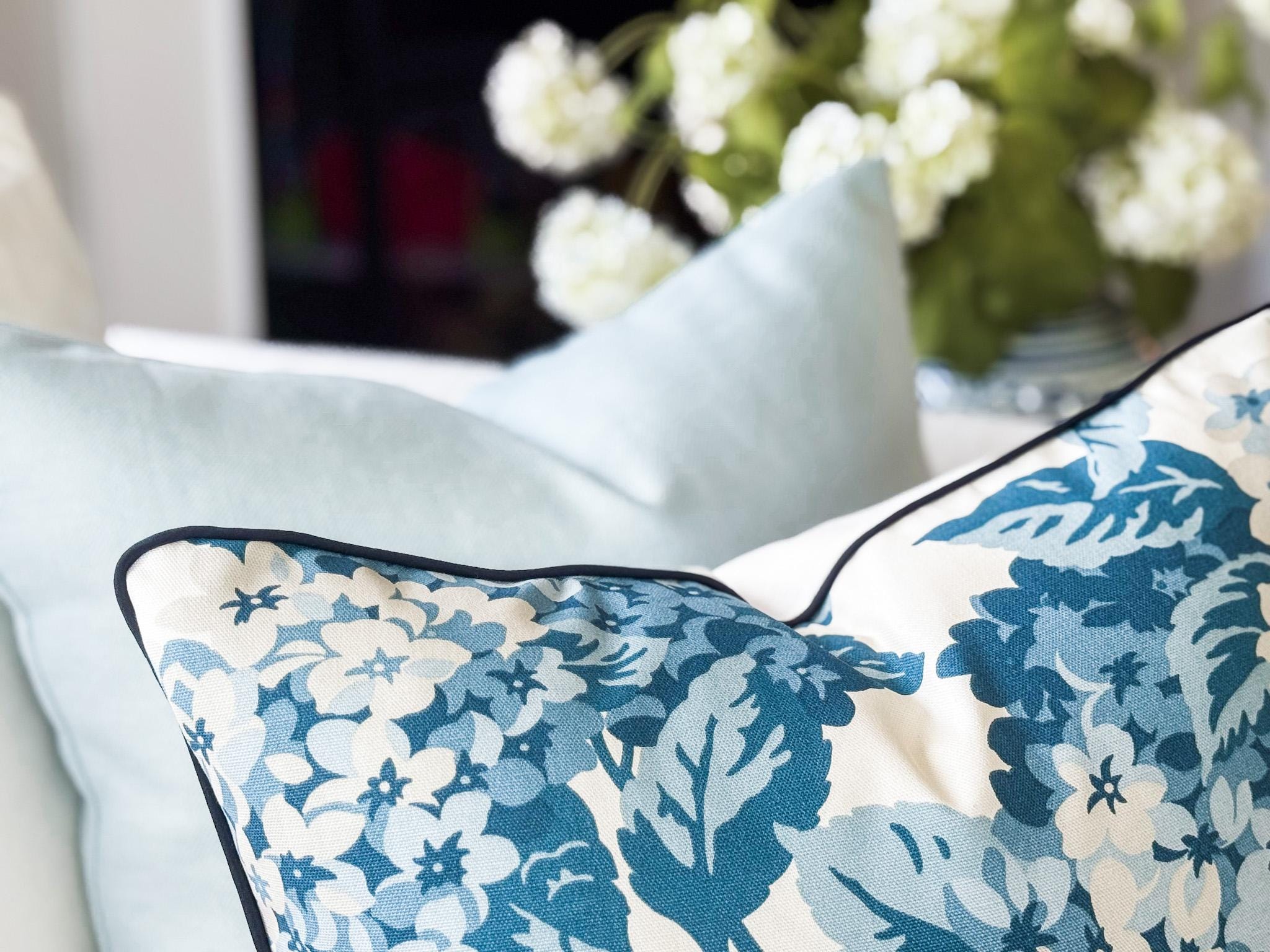 Blue Summer Wind Hydrangea Floral Pillow Cover - Farmhouse Cottagecore Grandmillennial Decor